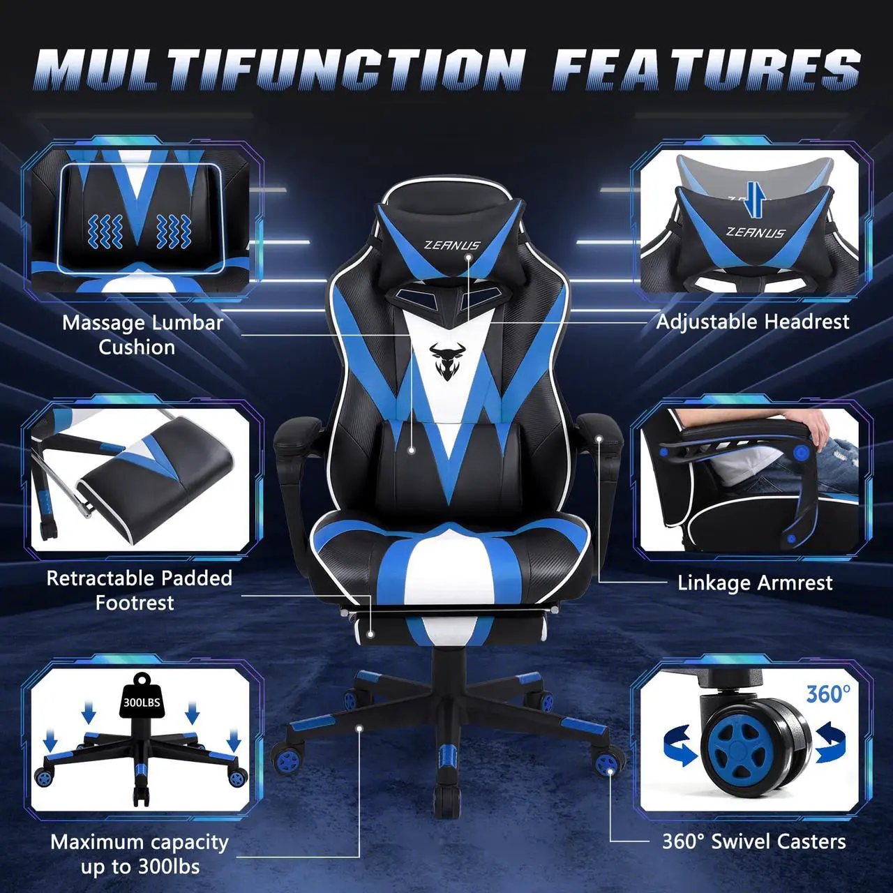 Alt view image 3 of 7 - Zeanus Gaming Chair with Footrest, Recliner Computer Chair for Teens, Gaming Chair with Massage, Ergonomic Gaming Computer Chair, Gaming Desk Chair, Big and Tall Gaming Chairs for Adults (Blue)