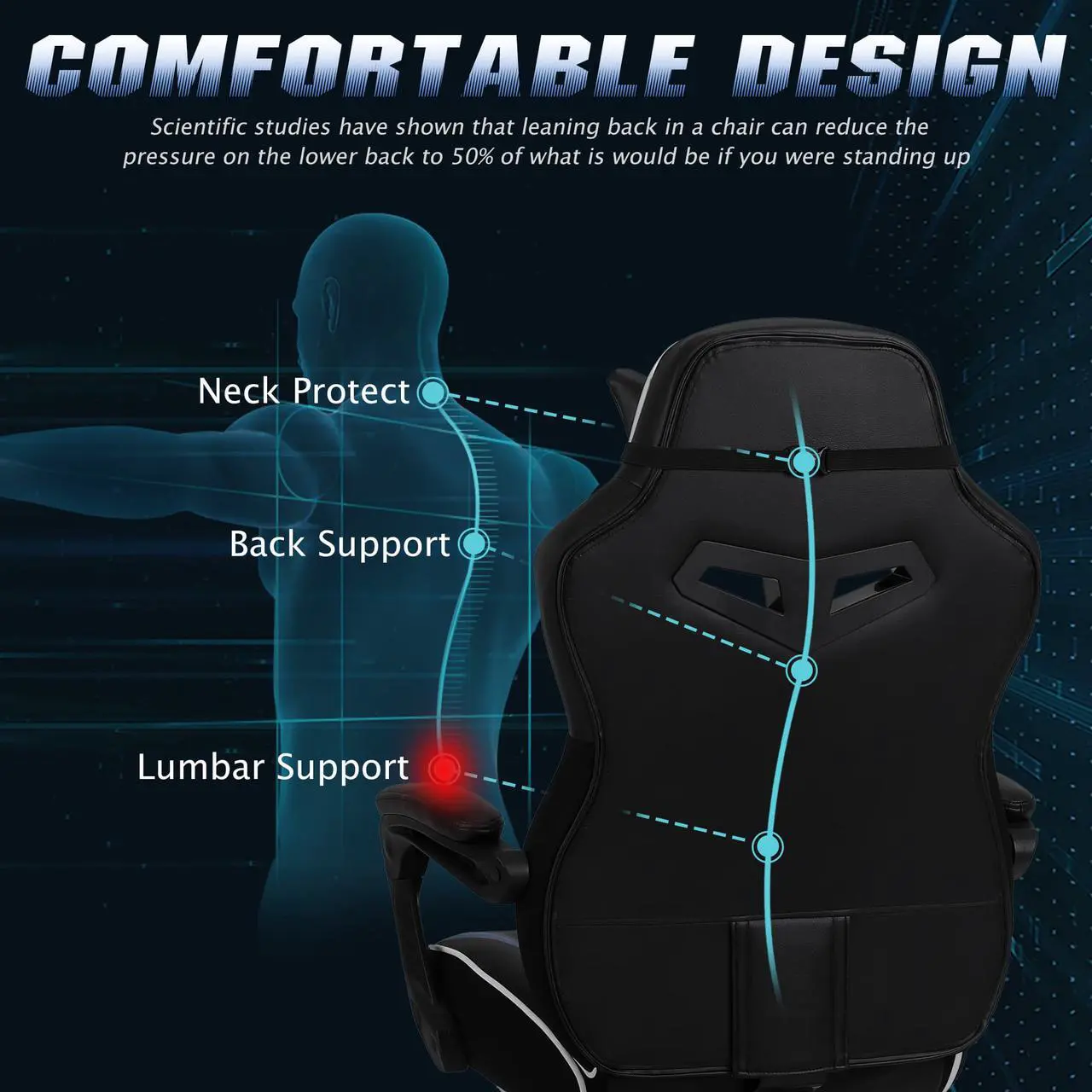 Alt view image 5 of 7 - Zeanus Gaming Chair with Footrest, Recliner Computer Chair for Teens, Gaming Chair with Massage, Ergonomic Gaming Computer Chair, Gaming Desk Chair, Big and Tall Gaming Chairs for Adults (Blue)