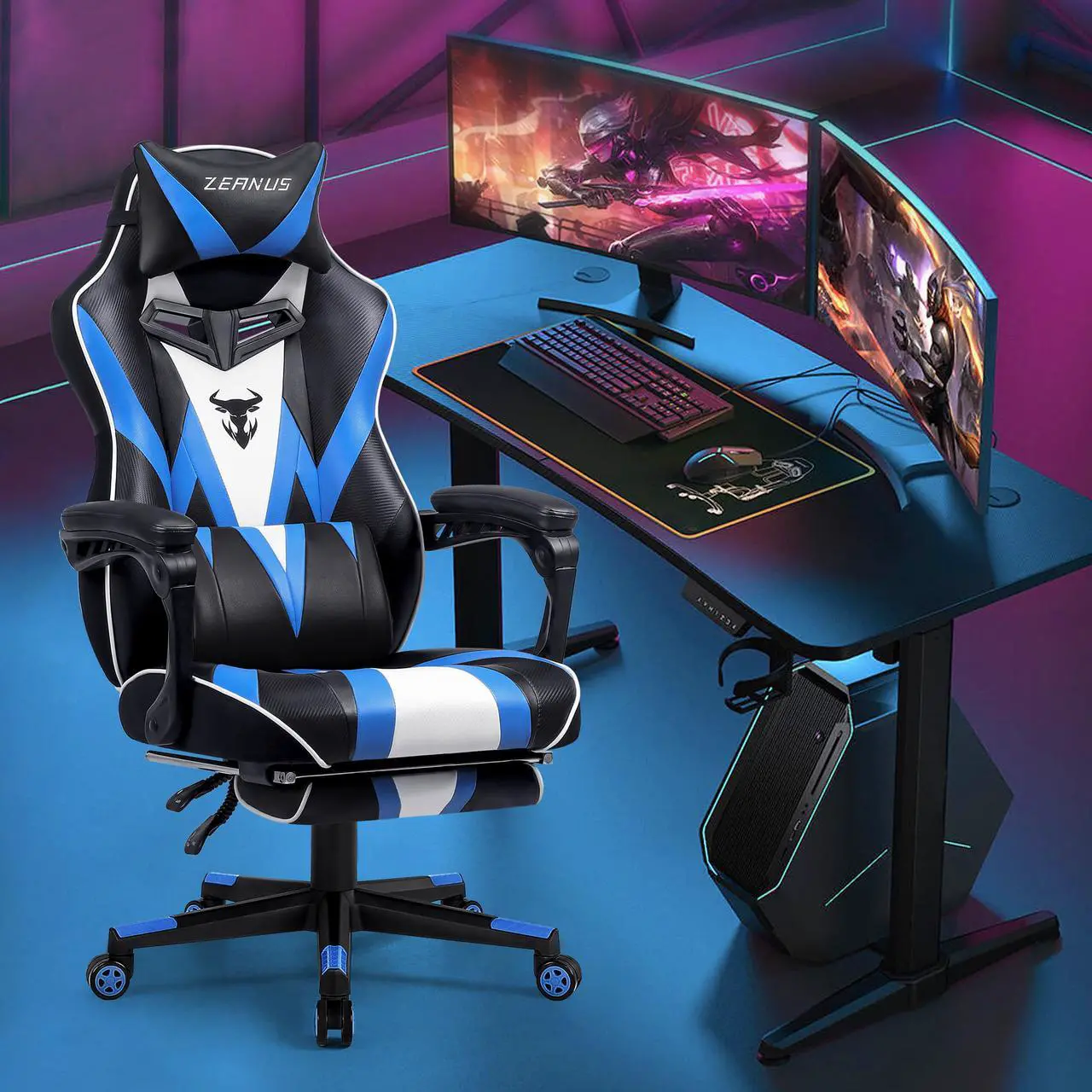 Alt view image 6 of 7 - Zeanus Gaming Chair with Footrest, Recliner Computer Chair for Teens, Gaming Chair with Massage, Ergonomic Gaming Computer Chair, Gaming Desk Chair, Big and Tall Gaming Chairs for Adults (Blue)