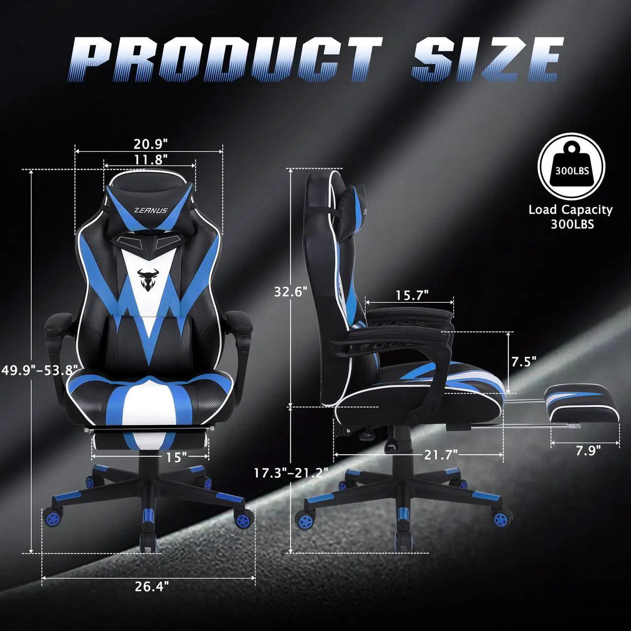 Alt view image 7 of 7 - Zeanus Gaming Chair with Footrest, Recliner Computer Chair for Teens, Gaming Chair with Massage, Ergonomic Gaming Computer Chair, Gaming Desk Chair, Big and Tall Gaming Chairs for Adults (Blue)