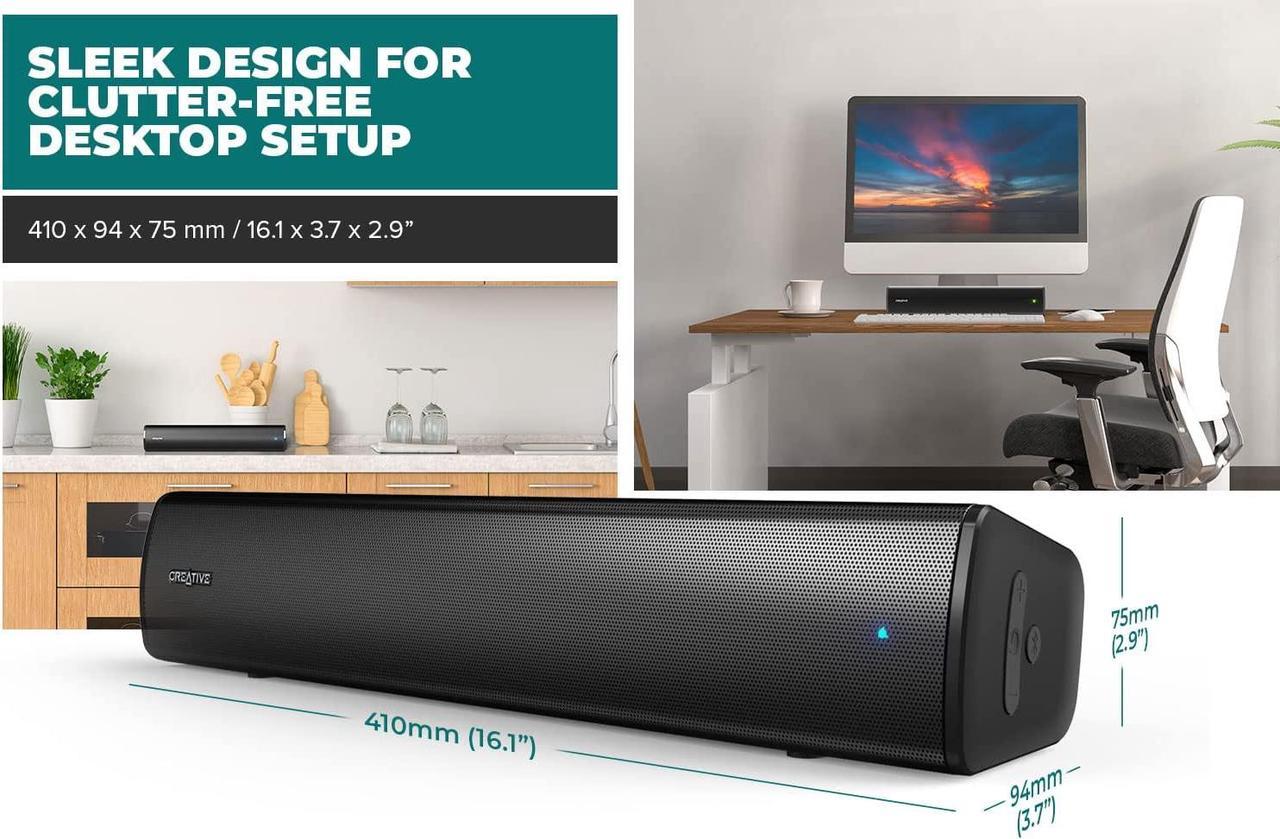 Alt view image 5 of 7 - Creative Stage Air V2 Compact Under-Monitor USB Soundbar for PC, with Bluetooth 5.3, Dual-Driver and Passive Radiator, up to 6 Hours of Playtime, Compatible with PS5 and Nintendo Switch