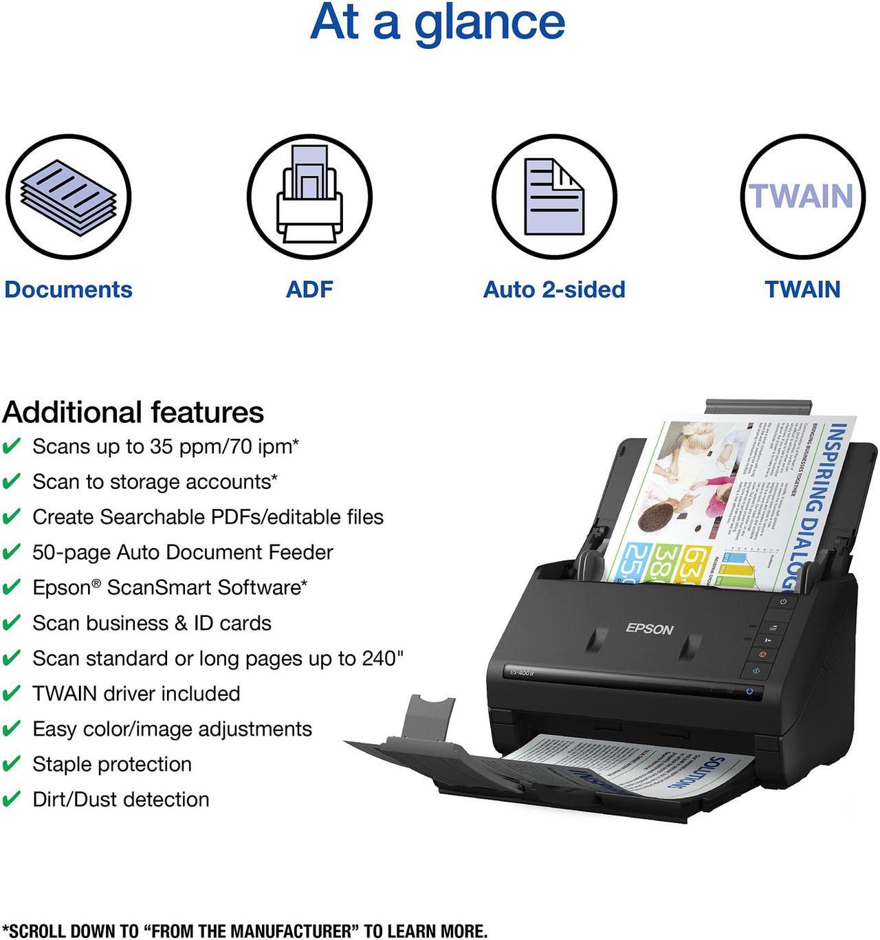 Alt view image 2 of 8 - Epson WorkForce ES-400 II Color Duplex Desktop Document Scanner for PC and Mac, with Auto Document Feeder (ADF) and Image Adjustment Tools