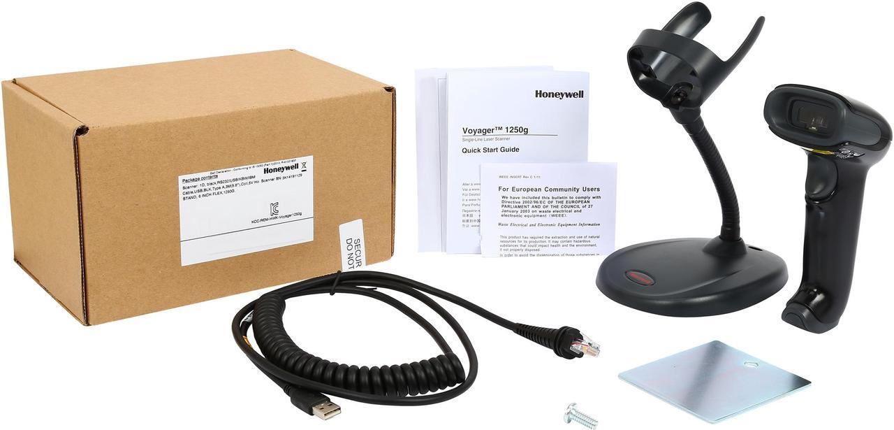 Alt view image 9 of 8 - Honeywell Voyager 1250g Wired General Duty Single-line Laser Barcode Scanner, RS232/USB/KBW/IBM, Black, USB Kit w/ Stand - 1250G-2USB-1