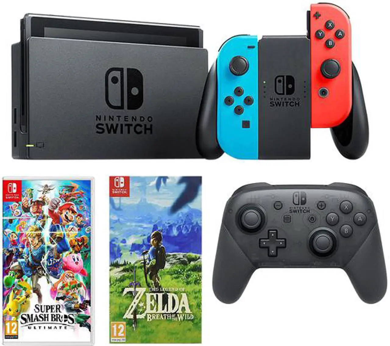 Main image of Nintendo Switch Neon, Switch Pro Controller, Super Smash Bros, Legend of Zelda Game Bundle