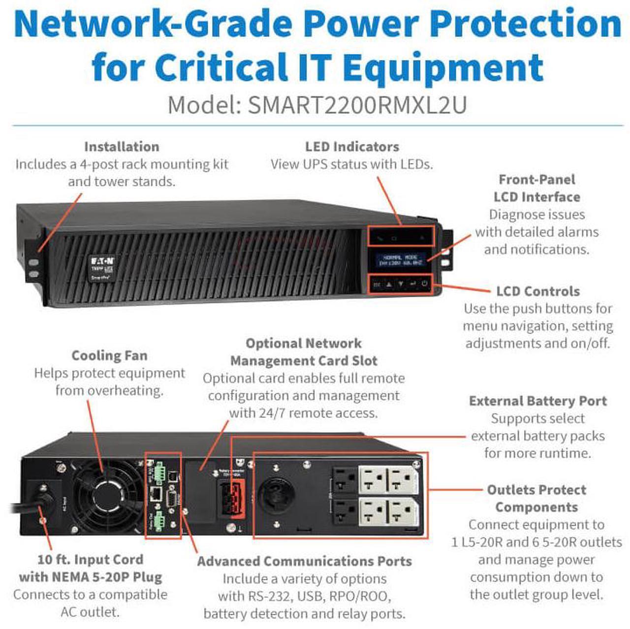 Alt view image 11 of 11 - Tripp Lite series SmartPro 1950VA 1950W 120V Line-Interactive Sine Wave UPS - 7 Outlets, Extended Run, Network Card Option, LCD, USB, DB9, ENERGY STAR V2.0, 2U Rack/Tower - SMART2200RMXL2U