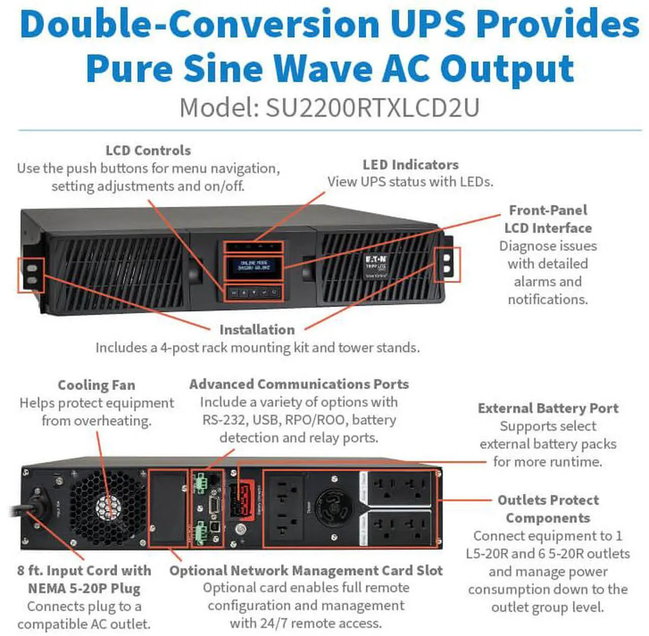 Alt view image 11 of 11 - Tripp Lite series SmartOnline 2000VA 1800W 120V Double-Conversion Sine Wave UPS - 7 Outlets, Extended Run, Network Card Option, LCD, USB, DB9, 2U Rack/Tower (SU220RTXLCD2U)