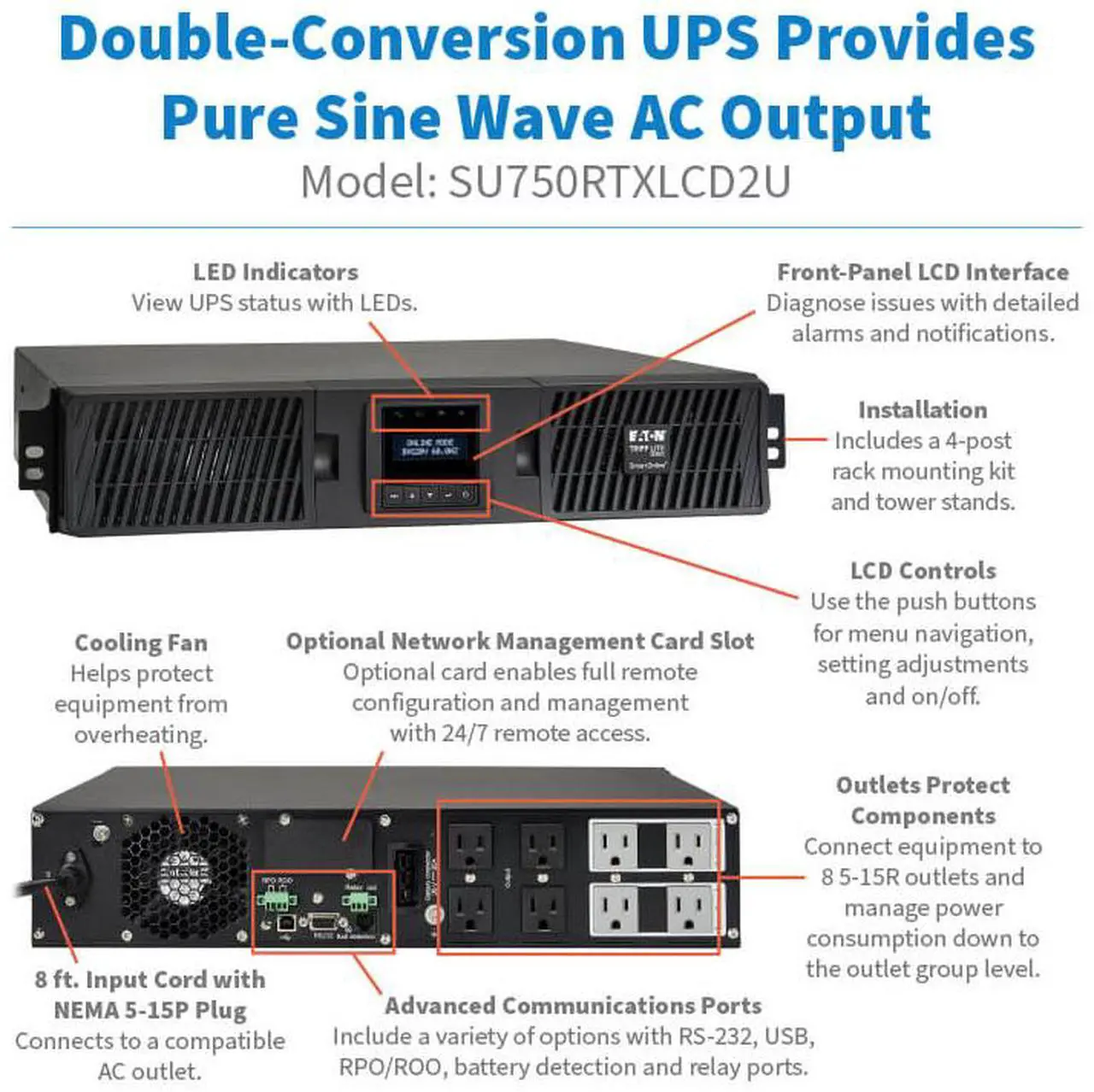 Alt view image 10 of 10 - Tripp Lite series SmartOnline 750VA 675W 120V Double-Conversion Sine Wave UPS - 8 Outlets, Extended Run, Network Card Option, LCD, USB, DB9, 2U Rack/Tower (SU750RTXLCD2U)
