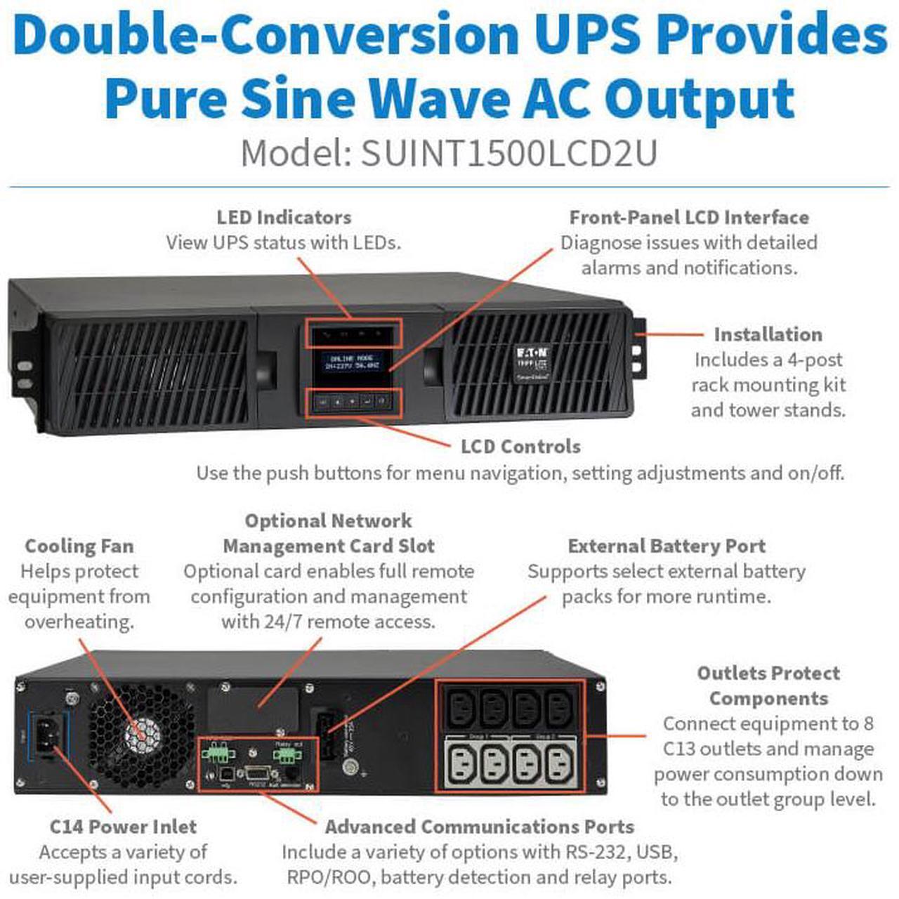 Alt view image 9 of 9 - Tripp Lite series SmartOnline 1500VA 1350W 208/230V Double-Conversion UPS - 8 Outlets, Extended Run, Network Card Option, LCD, USB, DB9, 2U Rack/Tower (SUINT2200LCD2U)