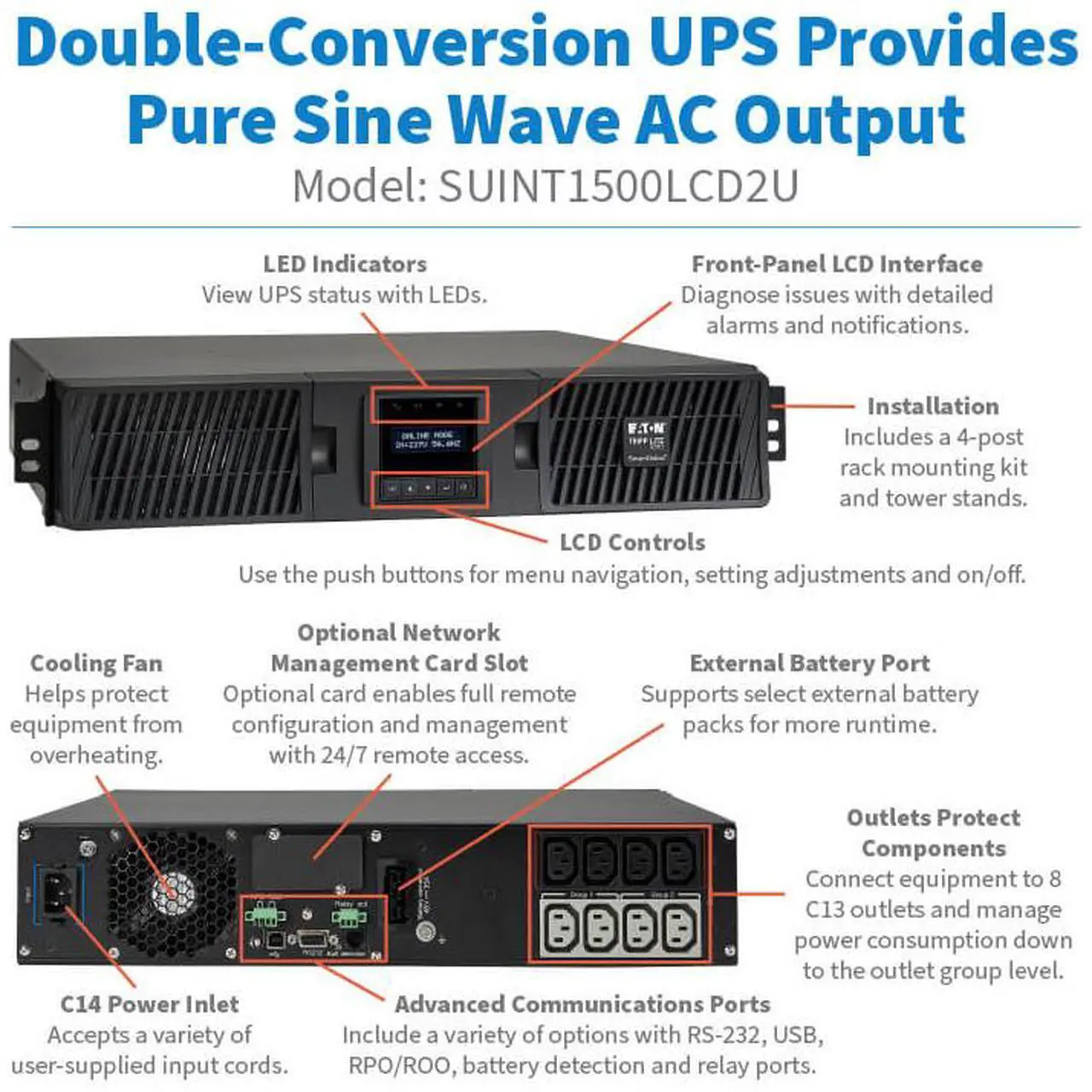 Alt view image 10 of 10 - Tripp Lite series SmartOnline 1500VA 1350W 208/230V Double-Conversion UPS - 8 Outlets, Extended Run, Network Card Option, LCD, USB, DB9, 2U Rack/Tower (SUINT1500LCD2U)