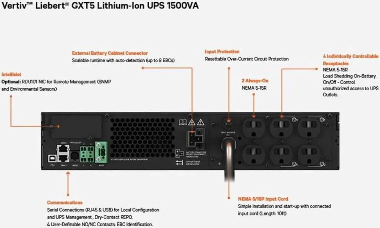 Alt view image 5 of 6 - Vertiv Liebert GXT5 Lithium-Ion N Online UPS 1500VA/1350W 120V Tower/Rack UPS  GXT5LI-1500LVRT2UXLN