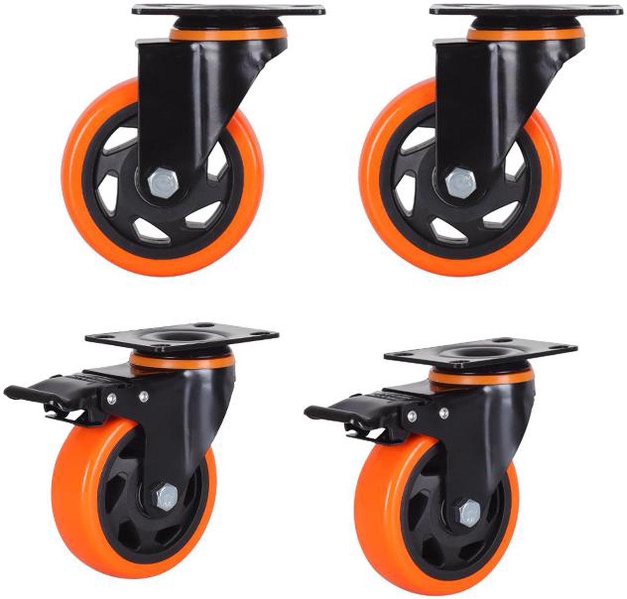 Alt view image 3 of 6 - Nippon Labs 4 Inch Swivel Caster Wheels with 2 Brakes + Screws, No Noise Wheels, Heavy Duty - 300 Lbs Per Caster Orange (Pack of 4)