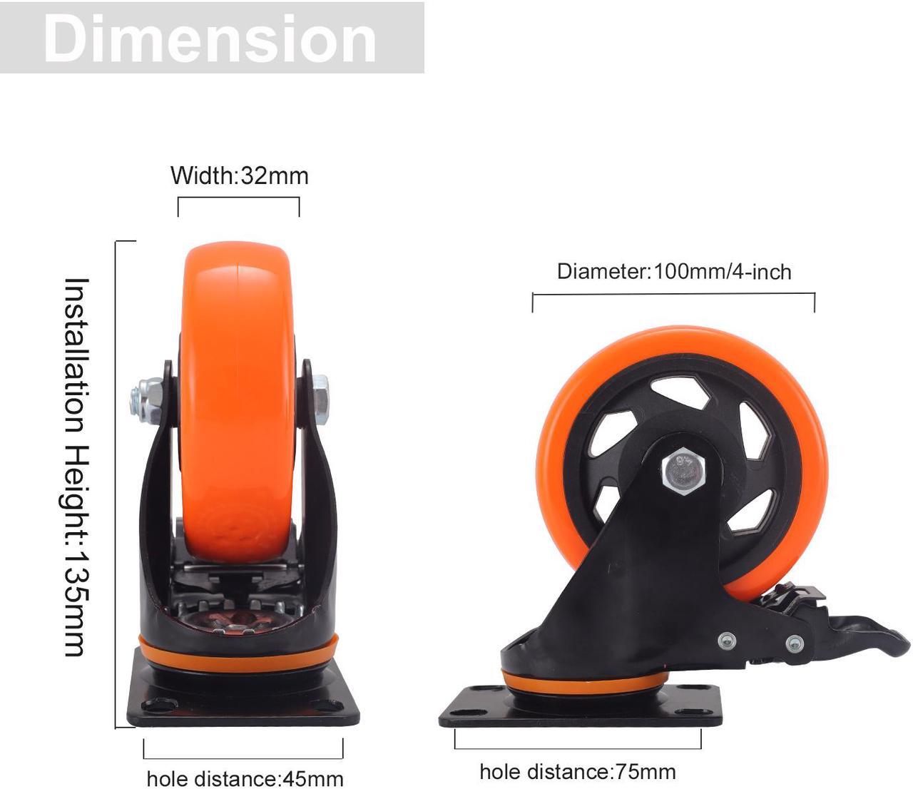 Alt view image 5 of 6 - Nippon Labs 4 Inch Swivel Caster Wheels with 2 Brakes + Screws, No Noise Wheels, Heavy Duty - 300 Lbs Per Caster Orange (Pack of 4)