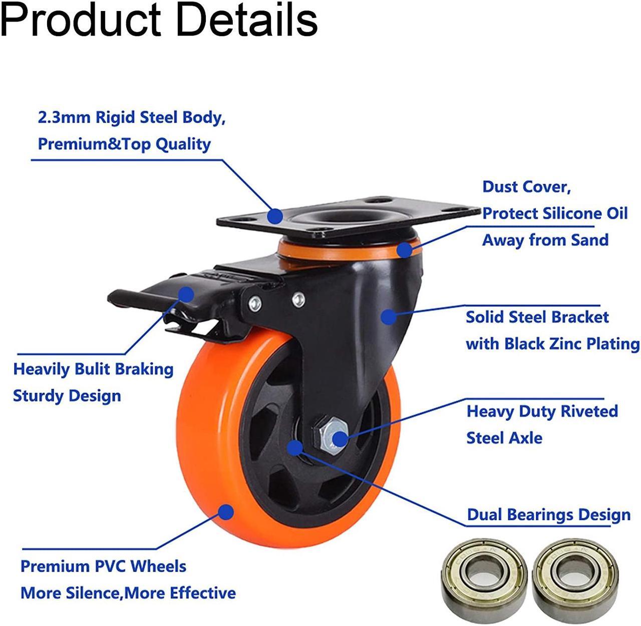 Alt view image 6 of 6 - Nippon Labs 4 Inch Swivel Caster Wheels with 2 Brakes + Screws, No Noise Wheels, Heavy Duty - 300 Lbs Per Caster Orange (Pack of 4)