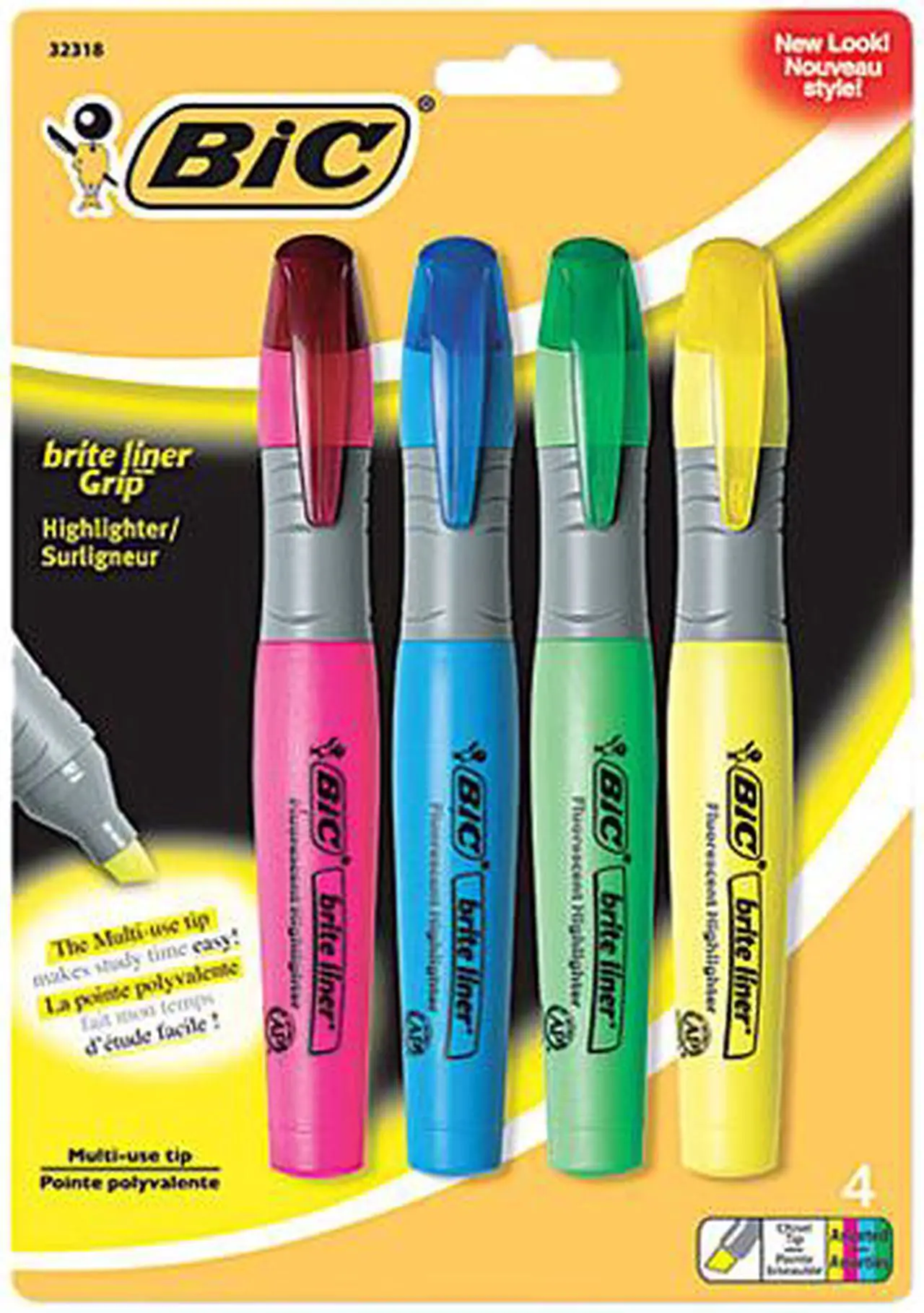 Main image of BIC BLMGP41-ASST Brite Liner Grip XL Highlighter, Chisel Tip, Fluorescent, 4/Set