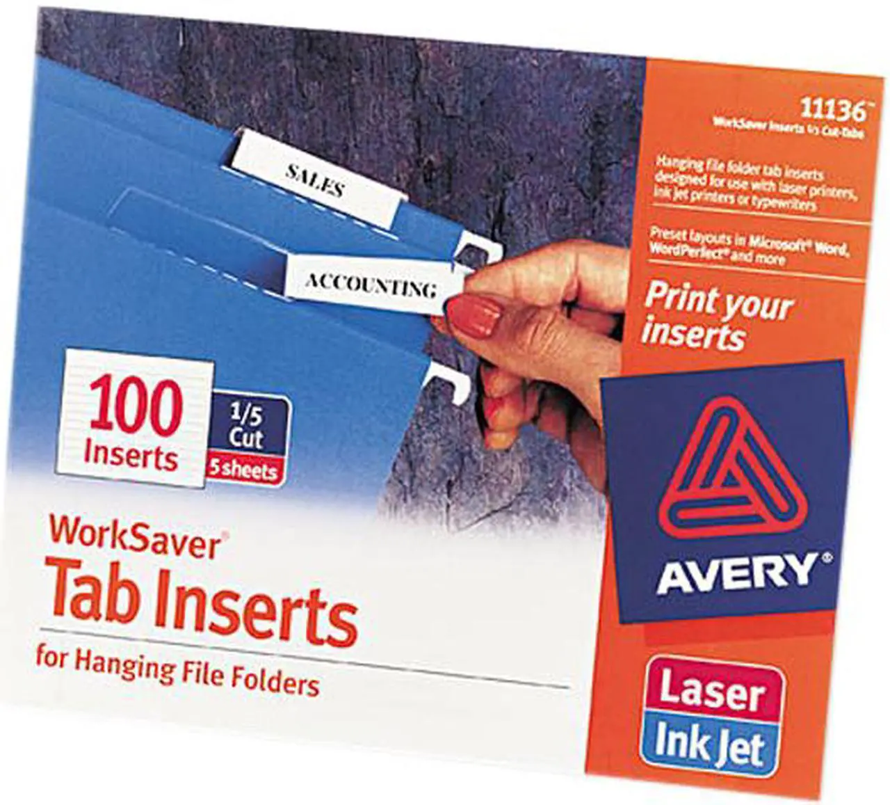 Main image of Avery 11136 Printable Inserts for Hanging File Folders, 1/5 Tab, Two Inch, White, 100/Pack
