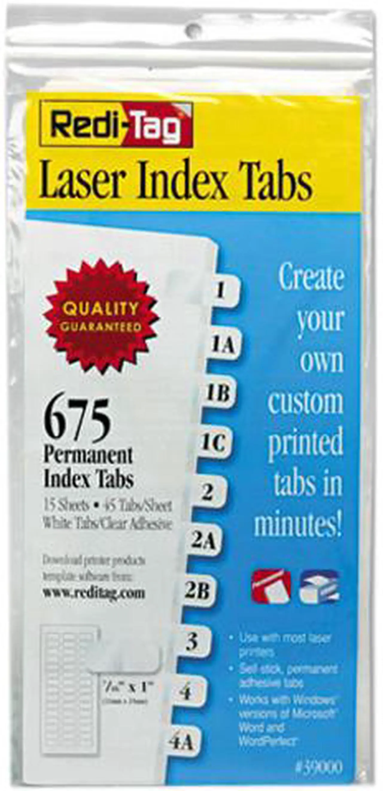 Main image of Redi-Tag 39000 Laser Printable Index Tabs, 7/16 x 1, White, 675/Pack