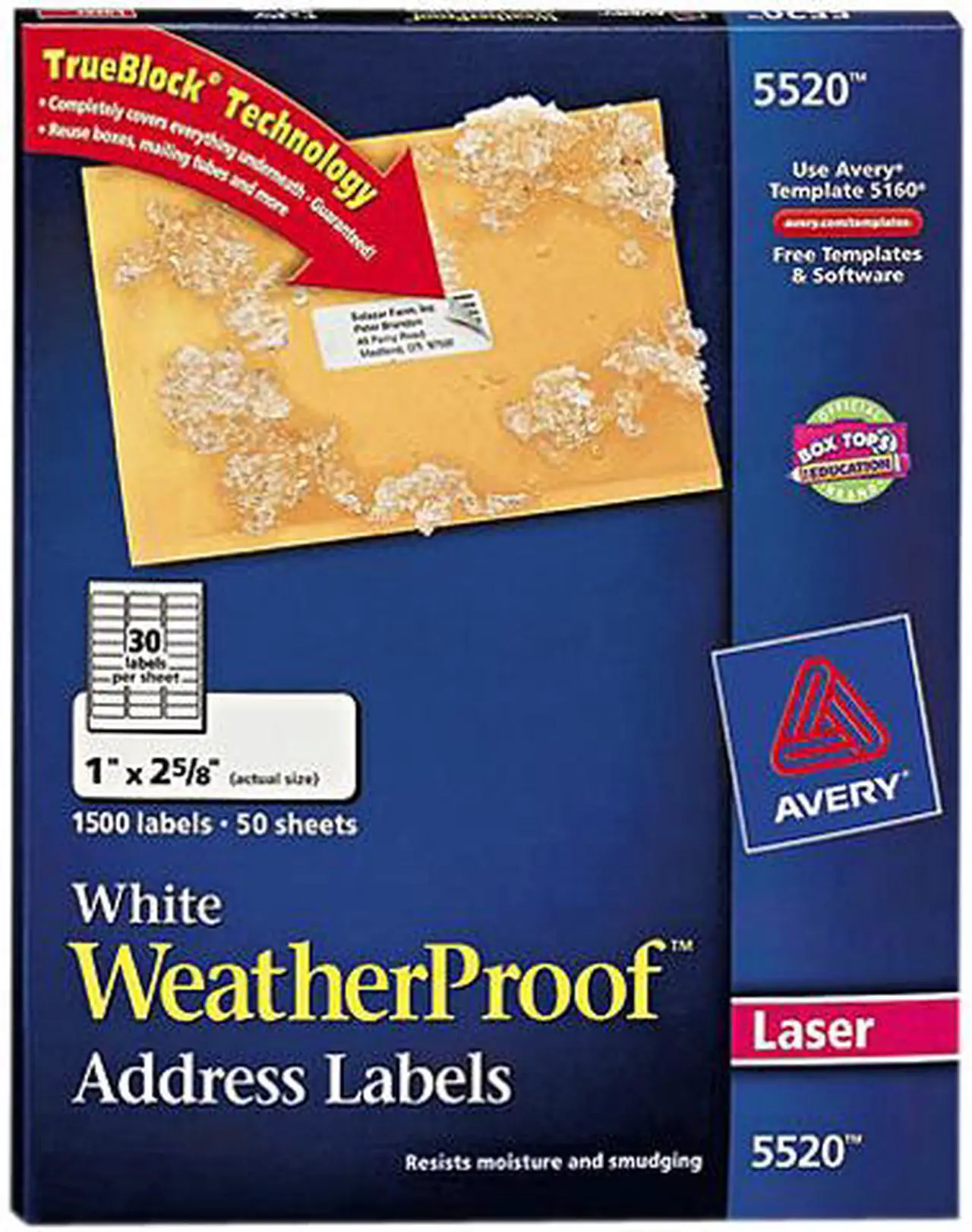Main image of Avery WeatherProof Mailing Labels, TrueBlock Technology, Permanent Adhesive, 1" x 2-5/8", 1,500 Labels (5520)