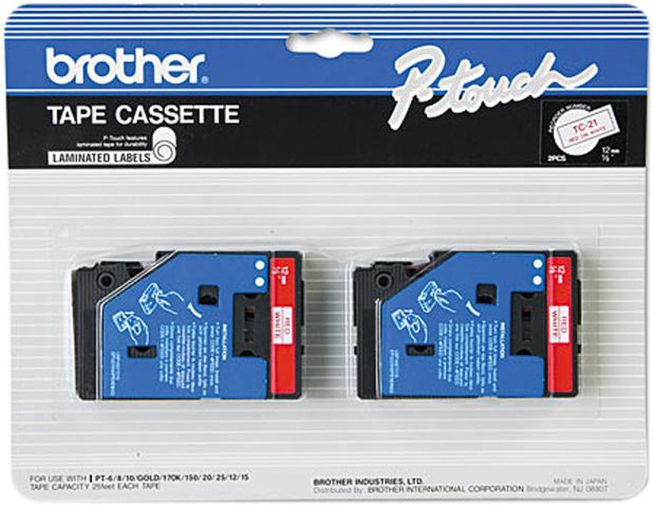 Brother P-Touch BRTTC21 TC Tape Cartridges for P-Touch Labelers, 1/2"w, Red on White, 2/Pack