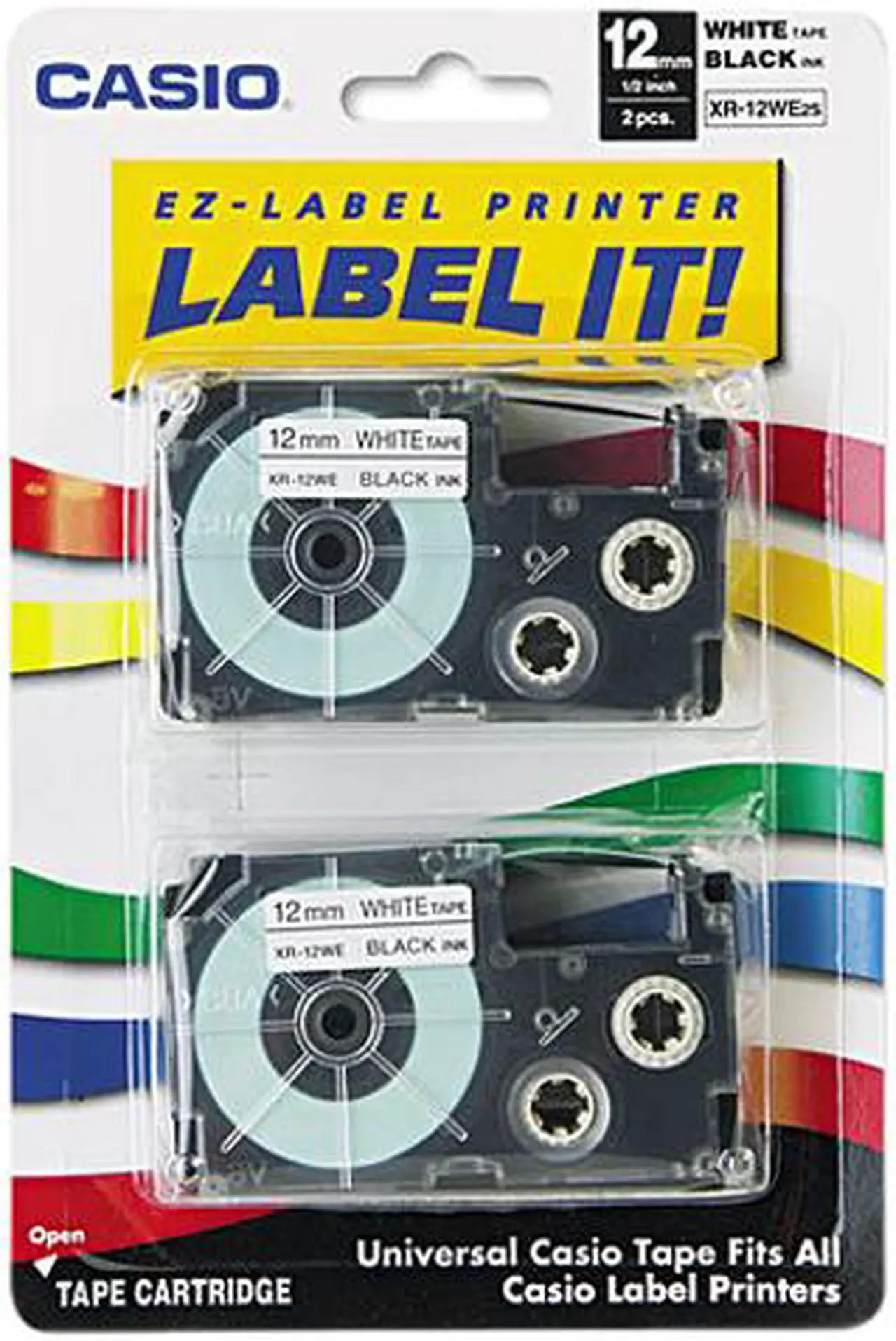 Main image of Casio XR12WE2S Tape Cassettes for KL Label Makers, 12mm x 26ft, Black on White, 2/Pack
