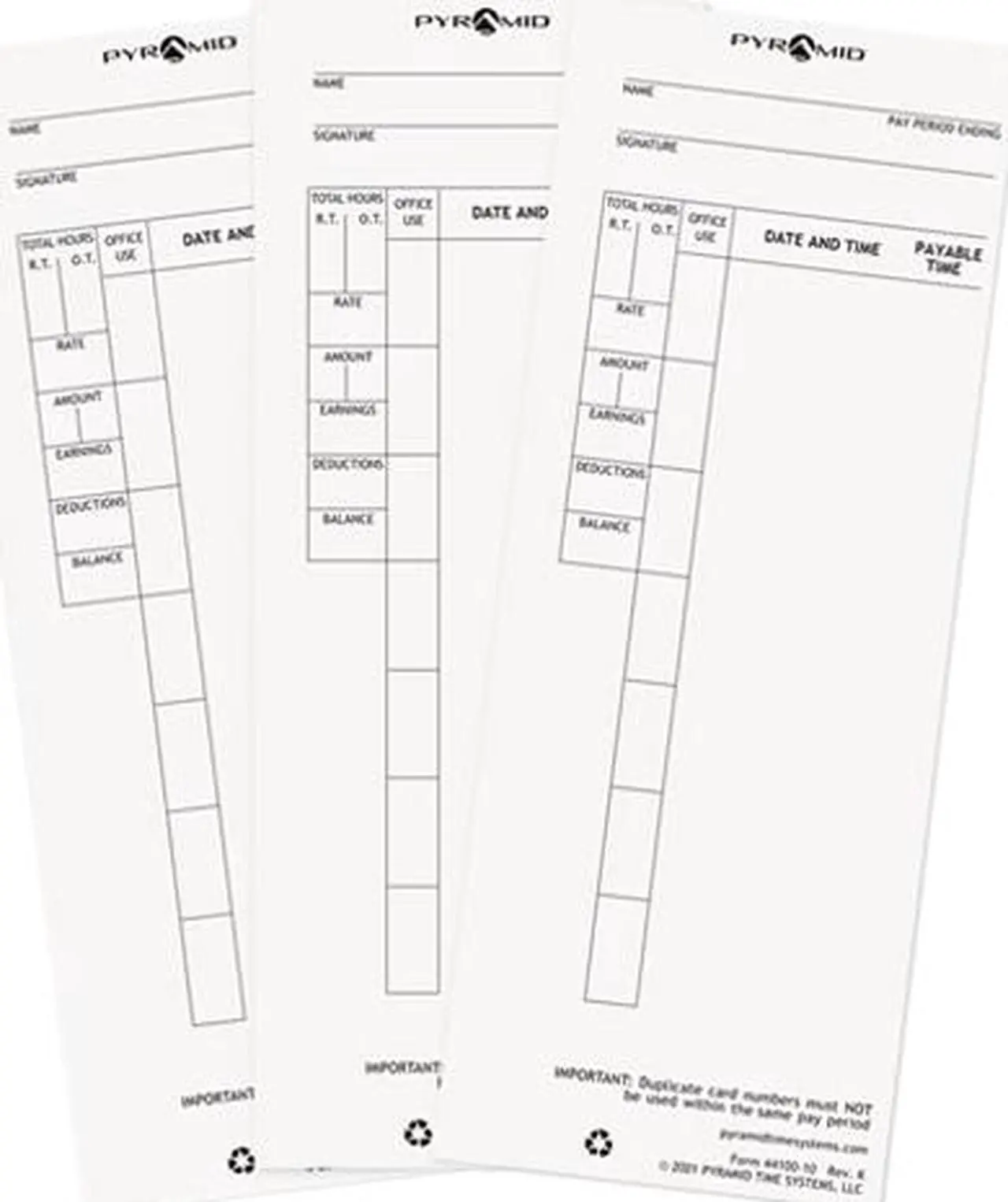 Main image of Pyramid Technologies 4410010 Time Card for Model 4000 Payroll Recorder, 3-1/2 x 8-1/2, 100/Pack