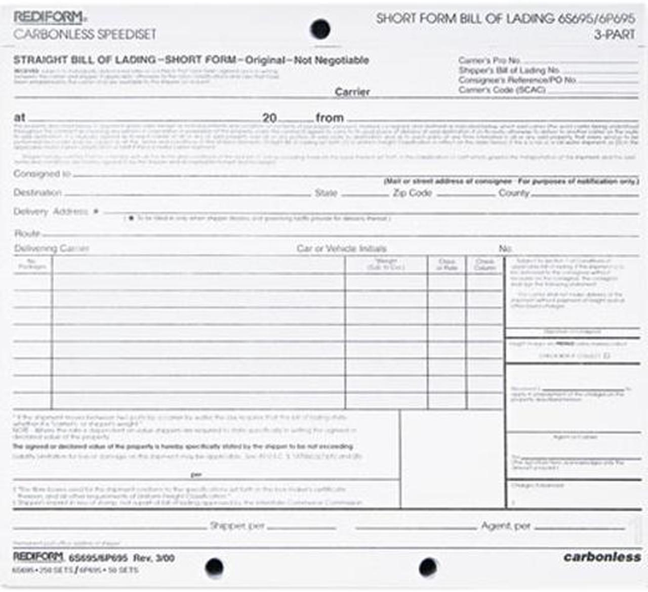 Main image of Rediform 6P695 Bill of Lading, Short Form, 8-1/2 x 7, Three-Part, 50 Loose Form Sets/Pack