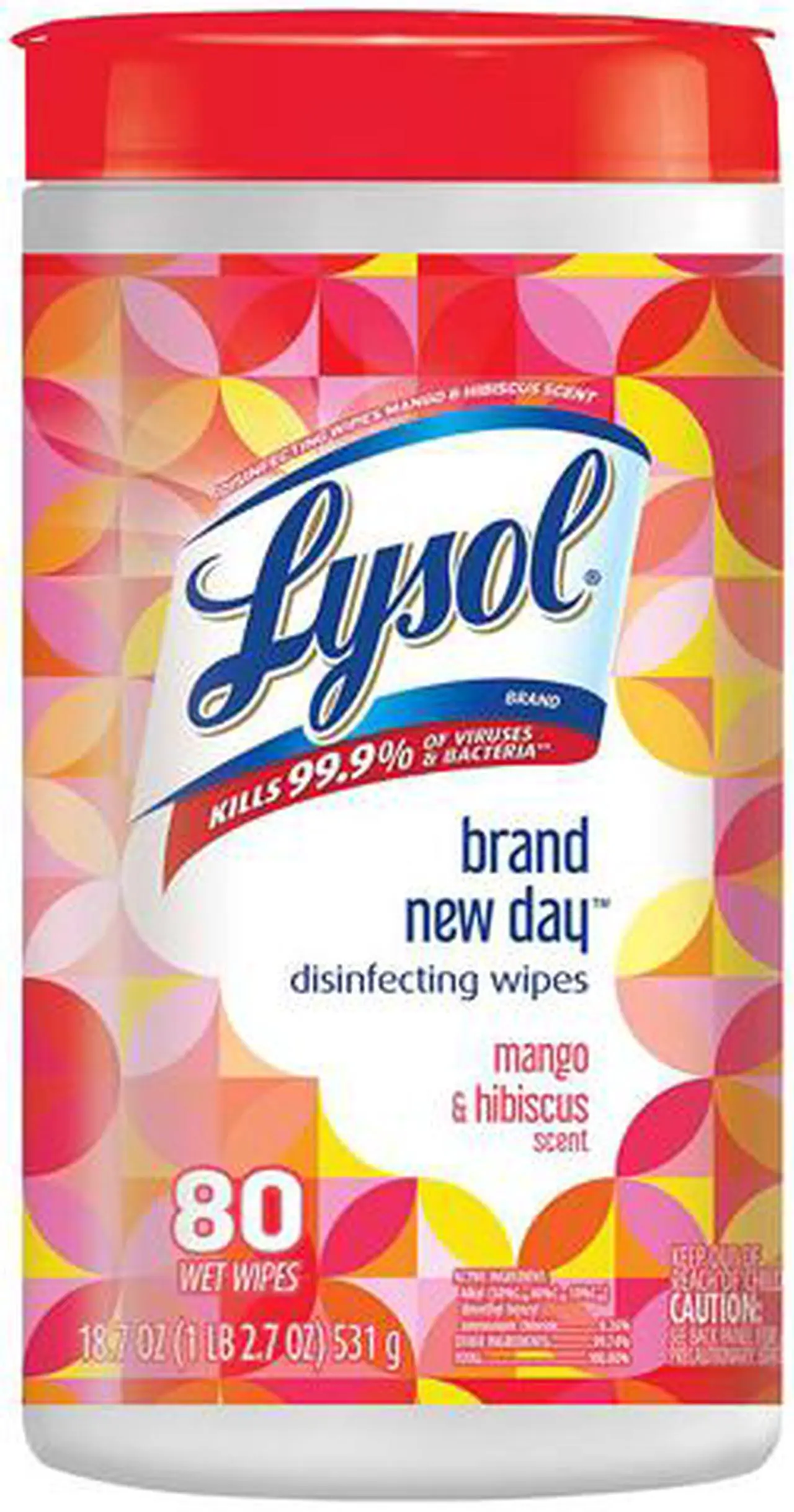 Main image of LYSOL 19200-97181 Disinfecting Wipes, 7" x 8", Mango and Hibiscus, 80 Wipes/Canister, 6 Canisters/Carton