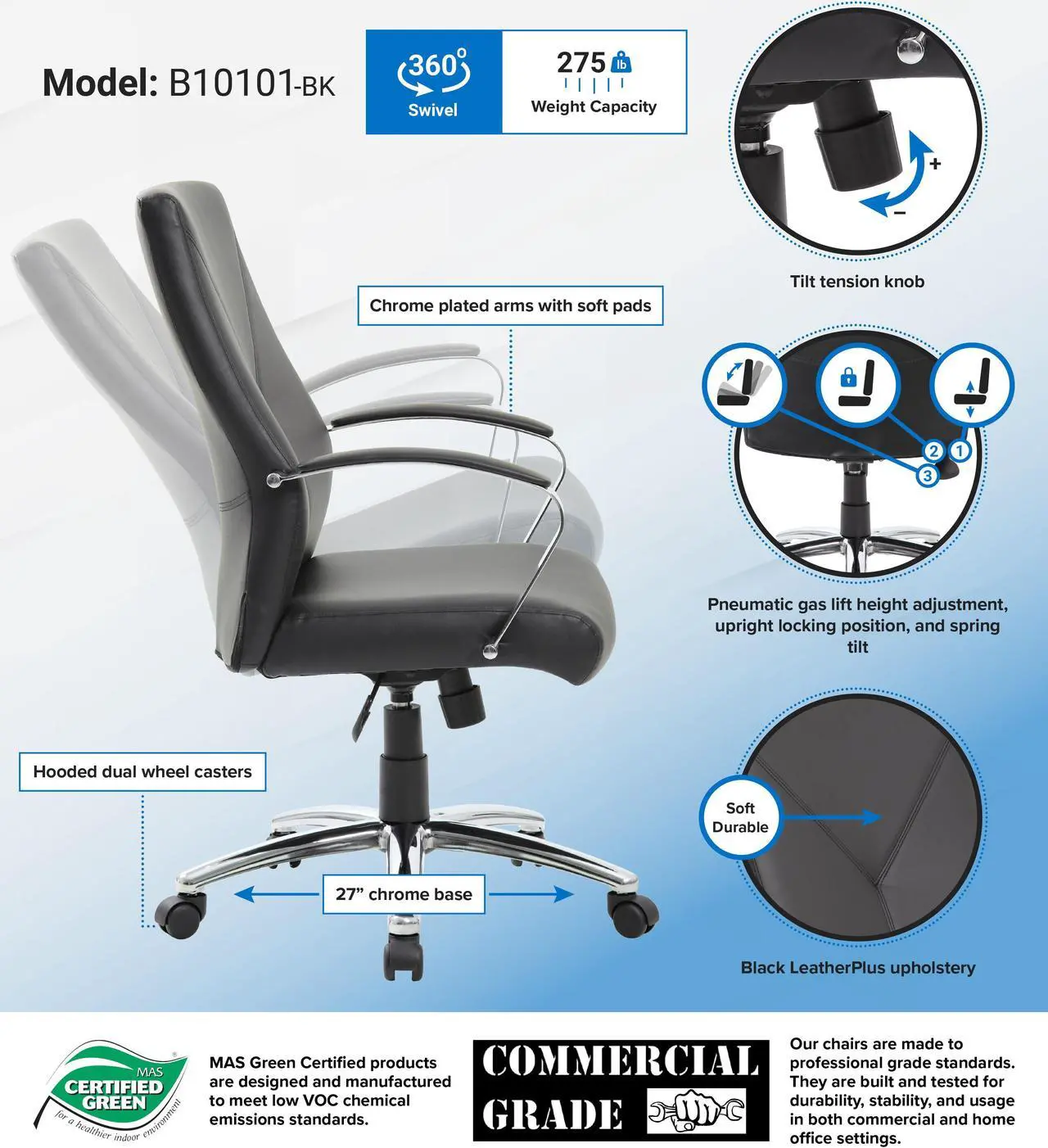 Alt view image 8 of 8 - Boss Office Supplies B10101-BK LeatherPlus Executive Chair