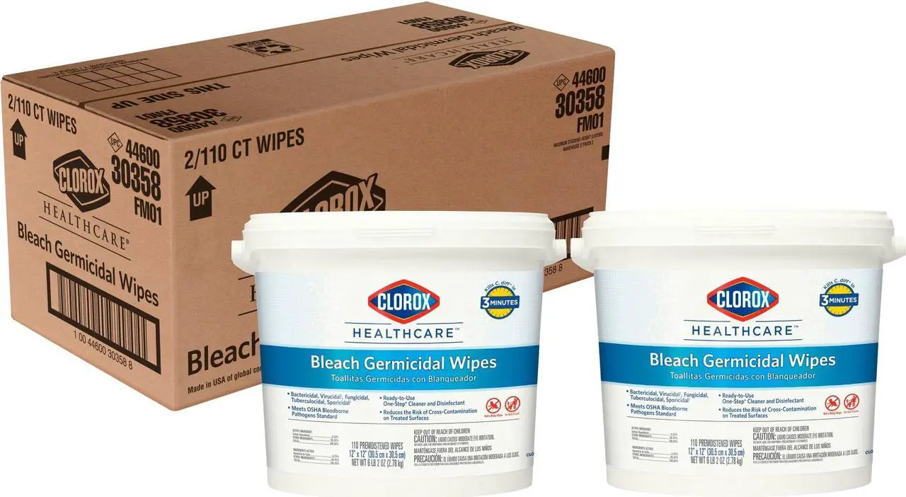 Main image of Clorox Bleach Germicidal Wipes, 12 x 12, Unscented, 110/Canister, 2/Carton CLO30358CT