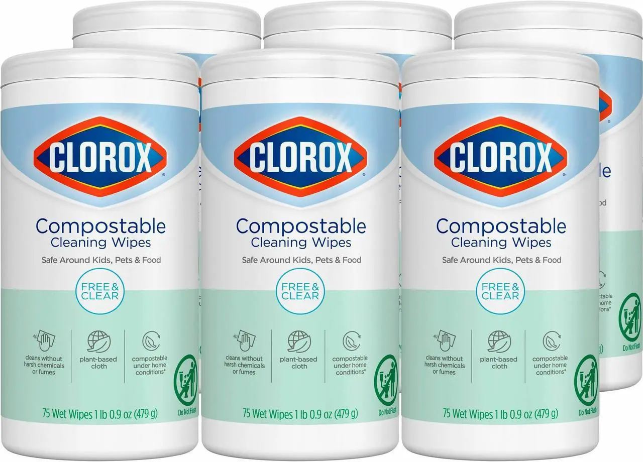 Alt view image 5 of 5 - Clorox Free & Clear Compostable All Purpose Cleaning Wipes - 4.25" Length x 4.25" Width - 75 / Tub - 6 / Carton  32486CT