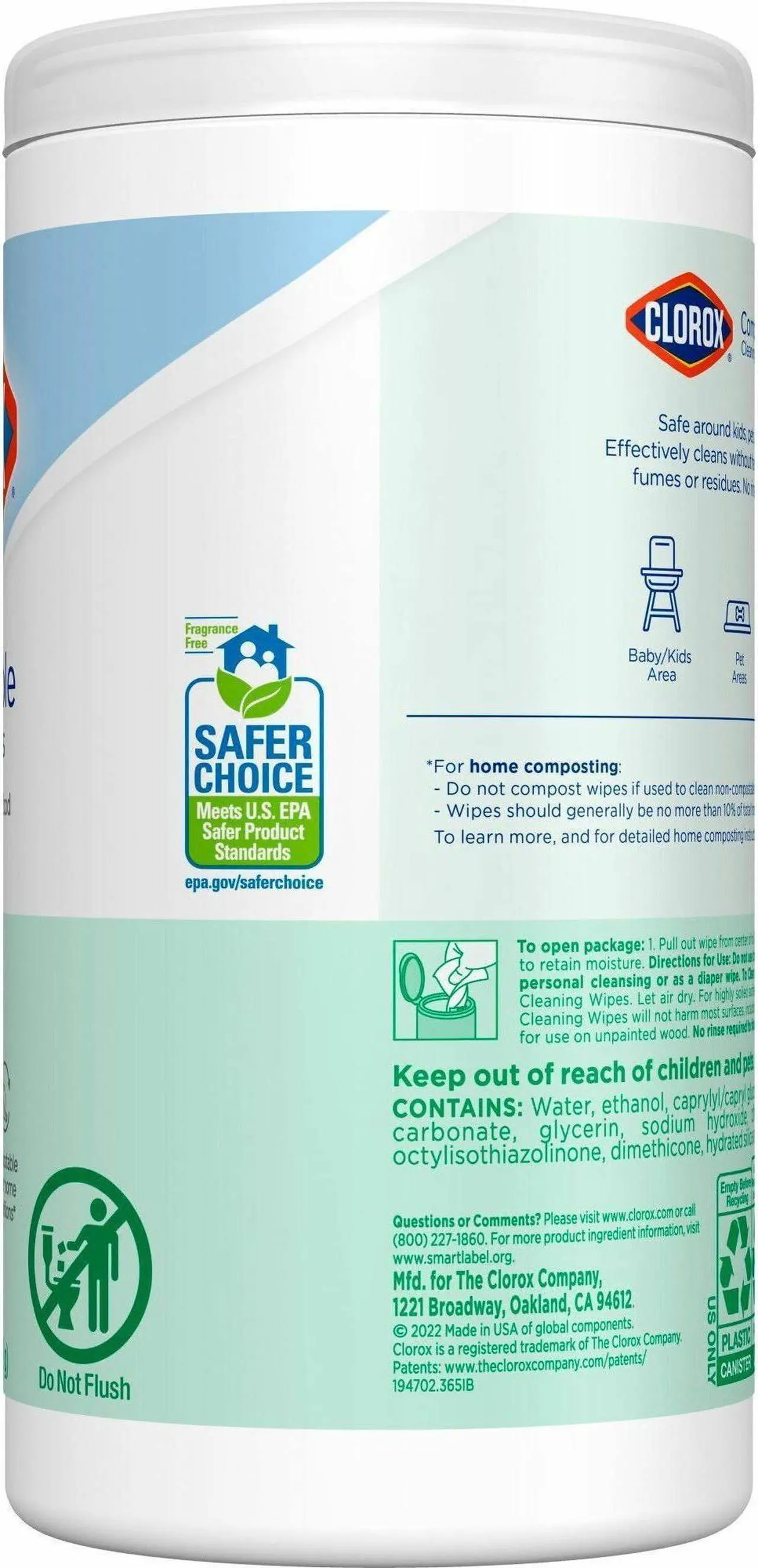 Alt view image 2 of 5 - Clorox Free & Clear Compostable All Purpose Cleaning Wipes - 4.25" Length x 4.25" Width - 75 / Tub - 6 / Carton  32486CT