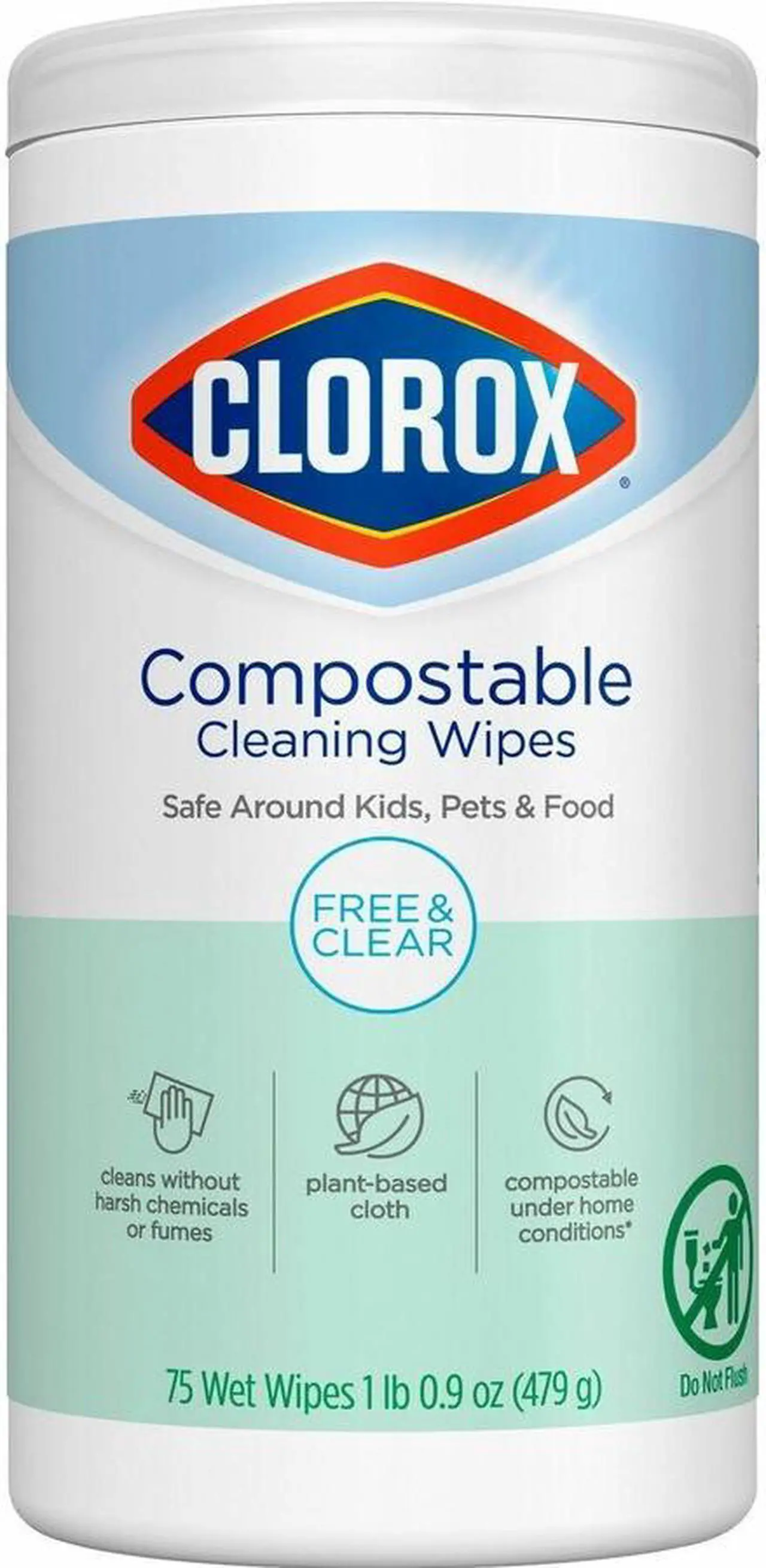 Alt view image 4 of 5 - Clorox Free & Clear Compostable All Purpose Cleaning Wipes - 4.25" Length x 4.25" Width - 75 / Tub - 6 / Carton  32486CT