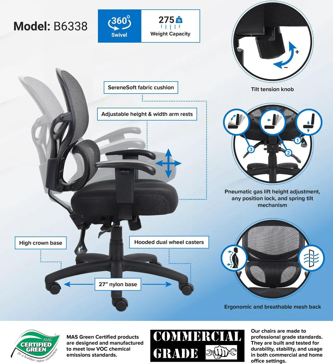 Alt view image 7 of 7 - Boss Office Supplies B6338 Multi-Function Mesh Task Chair