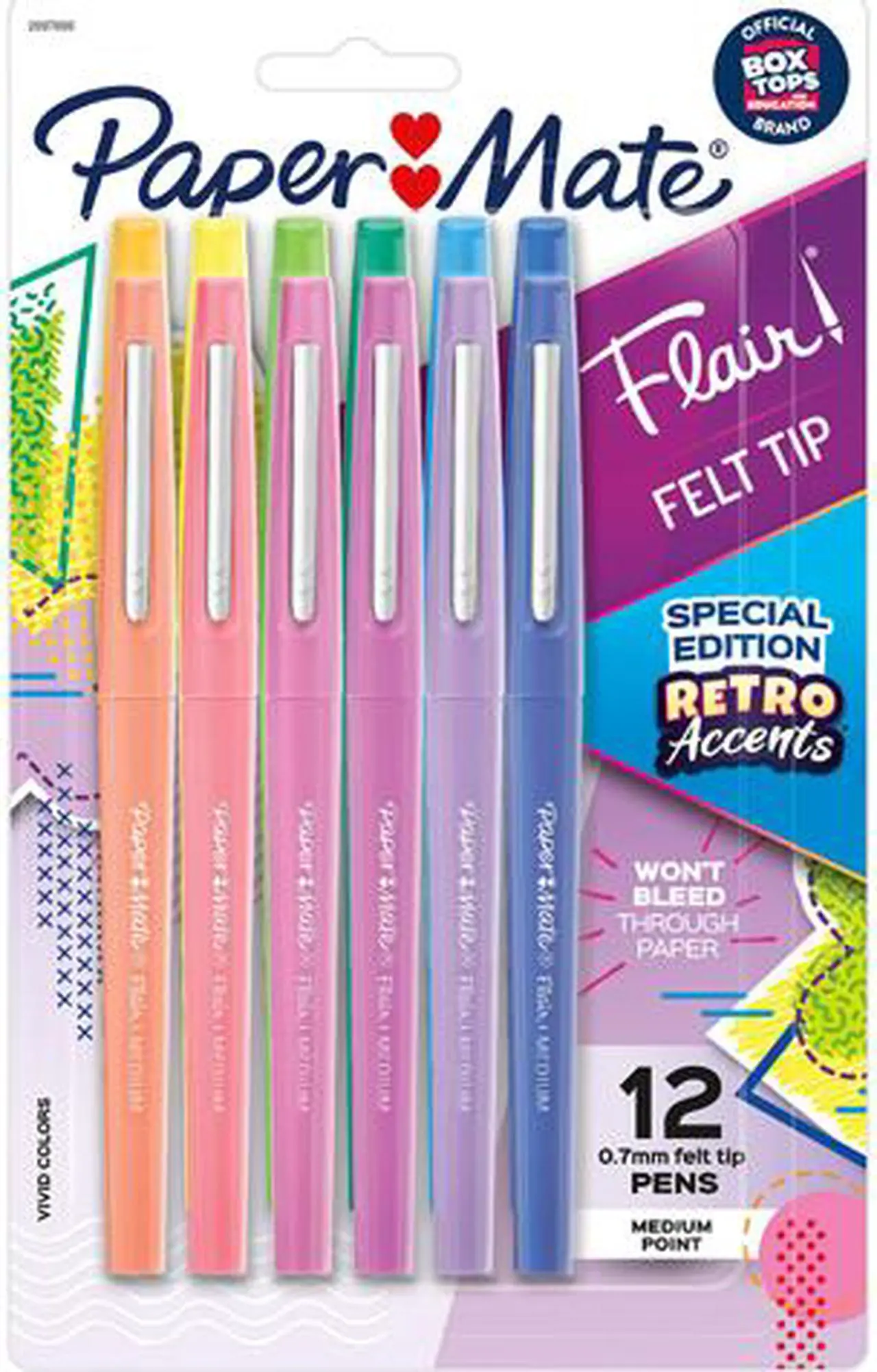 Main image of Paper Mate 2097886 Flair Felt Tip Pens, Medium Point, Assorted, Special Edition Retro Accents, 12 Pack