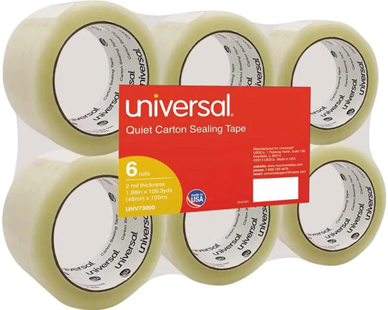 Main image of Universal UNV73000 Quiet Tape Box Sealing Tape, 3" Core, 1.88" x 110 yds, Clear, 6/Pack