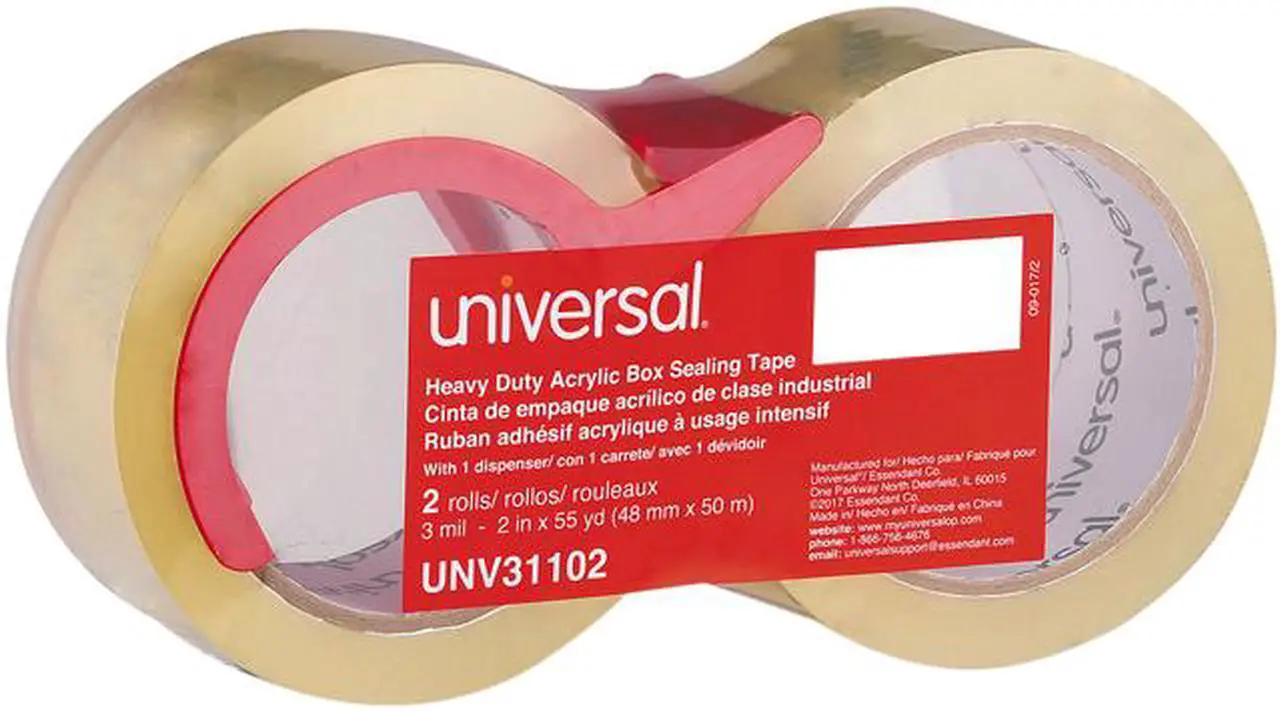 Main image of Universal UNV31102 Heavy-Duty Acrylic Box Sealing Tape with Dispenser, 3" Core, 1.88" x 54.6 yds, Clear, 2/Pack