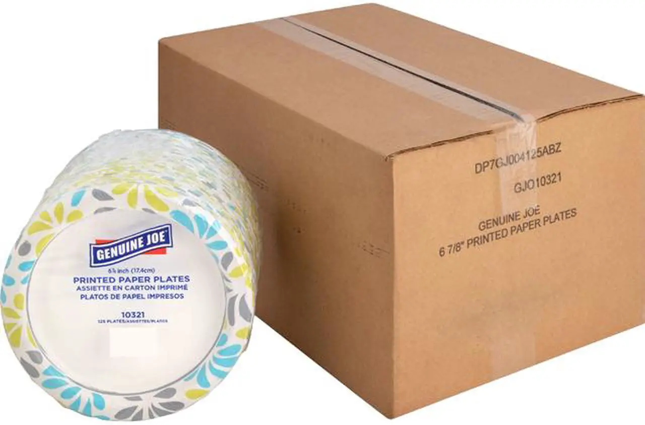 Main image of Genuine Joe 10321CT Printed Paper Plates, 125 / Pack - 7" Diameter Plate - Paper Plate - Disposable - Assorted - 500 Piece(s) / Carton