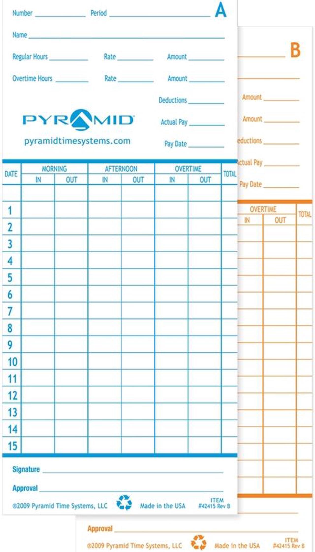 Alt view image 2 of 3 - Pyramid 42415 Time Card for Model 2600, Monthly, 3-3/8 x 7-7/16, Two-Sided, 100/Pack