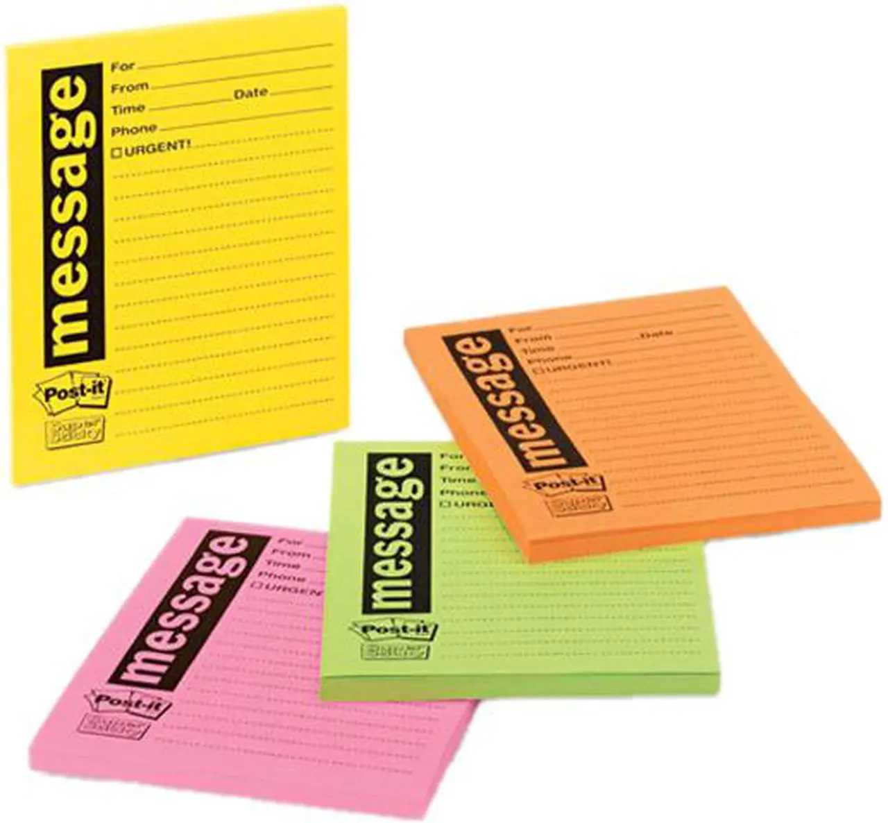 Main image of Post-it Super Sticky 7679-4-SS Super Sticky Message Pads, 3-7/8 x 4-7/8, Lined, Neon, 4 50-Sheet Pads/Pack