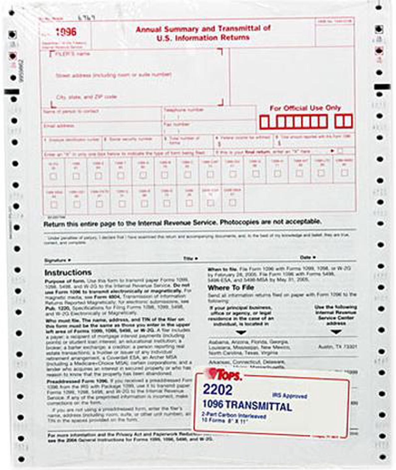 Main image of Tops 2202 1096 IRS Approved Tax Forms, 8 x 11, 2-Part Carbon, 10 Contin Forms