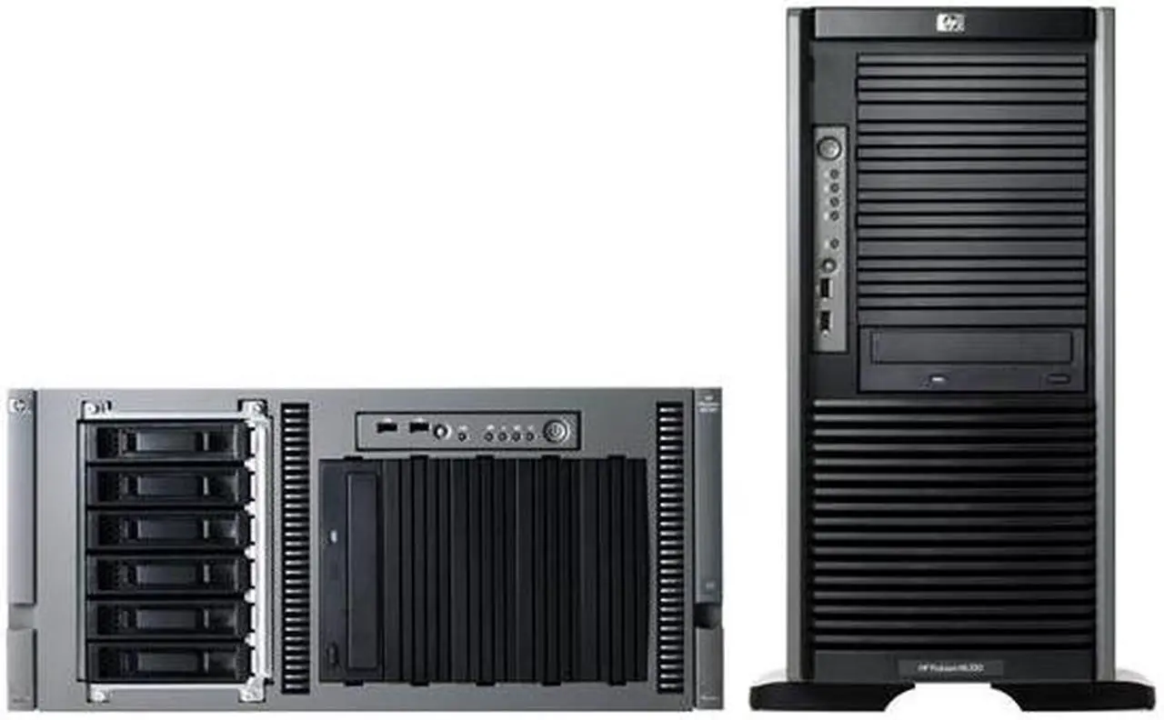 Main image of HP ProLiant ML350 G5 Tower Xeon E5320 1.86 GHz 1 GB DDR2 Servers 1 x Quad-Core Intel Xeon E5320 (1.86 GHz, 80 Watts, 1066 FSB) 1 GB (2 x 512 MB) PC2-5300 Fully Buffered DIMMs (DDR2-667) 438730-001