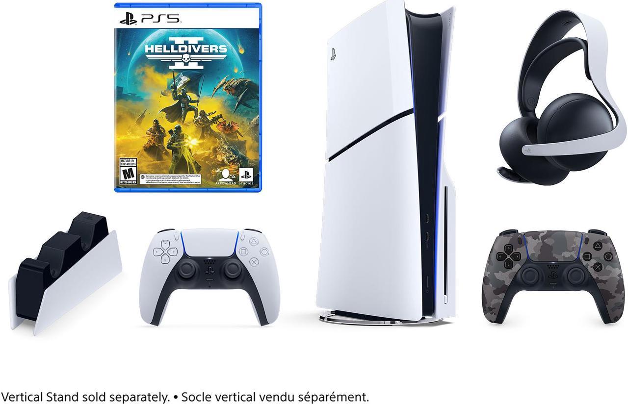 Ultimate PlayStation 5 Slim Combo Bundle | PS5 Slim Standard, Helldivers 2, DualSense Controller, Pulse Elite Headset, and Charging Station