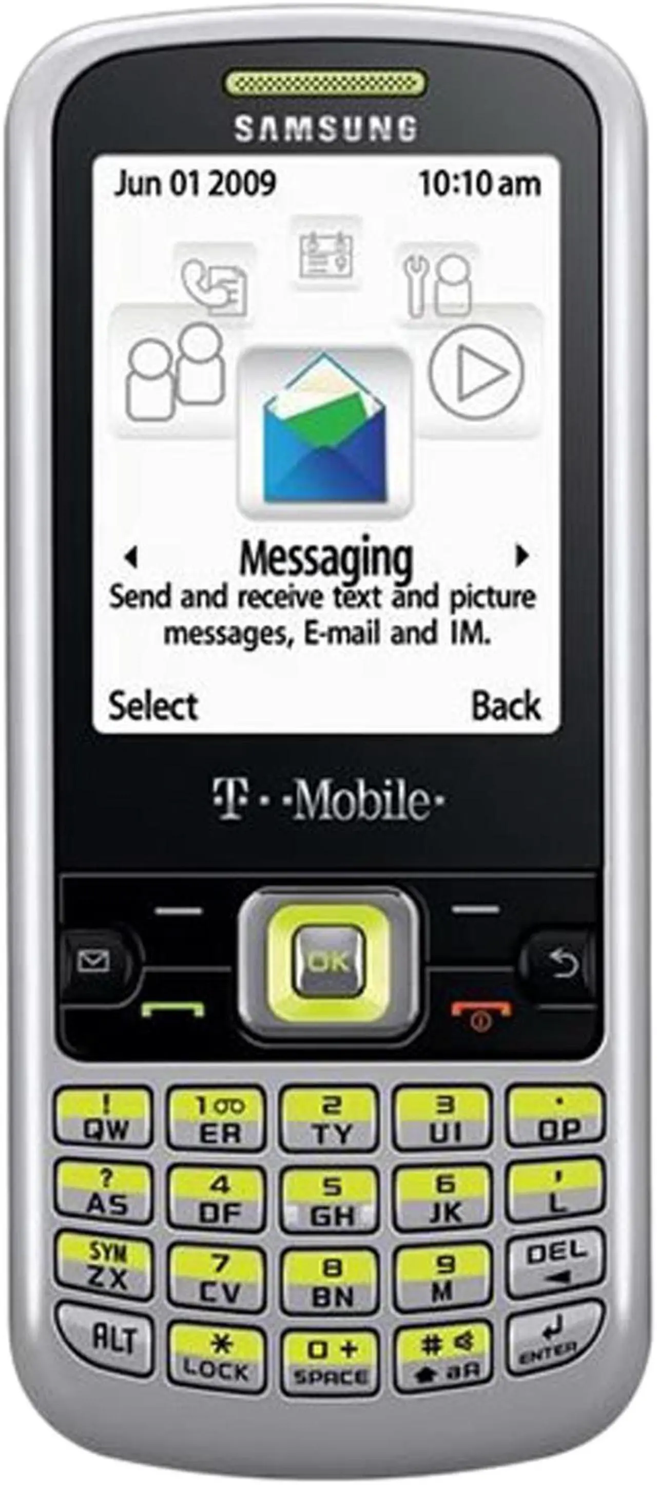 Main image of Samsung T349 Silver/Lime Unlocked GSM Bar Phone w/ QWERTY Keyboard / Bluetooth v 2.0 (SGH-T349)