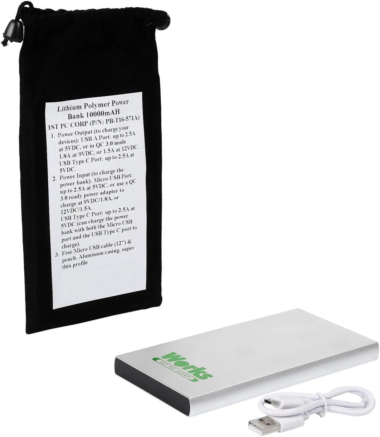 Alt view image 7 of 6 - Works Power 10000 mAh Power Bank Dual Power Input Mode, USB Type C Power Input or Output, QC 3.0 Ready, Aluminum Casing PB-T16-571A
