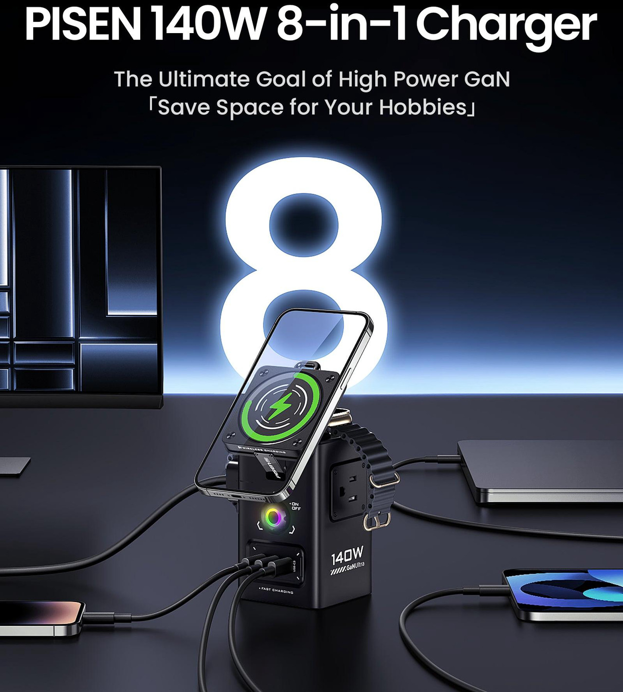 Alt view image 4 of 8 - PISEN 140W GaN Qi2 MagSafe wireless 8-in-1 charging stastion (KF27/ Black)