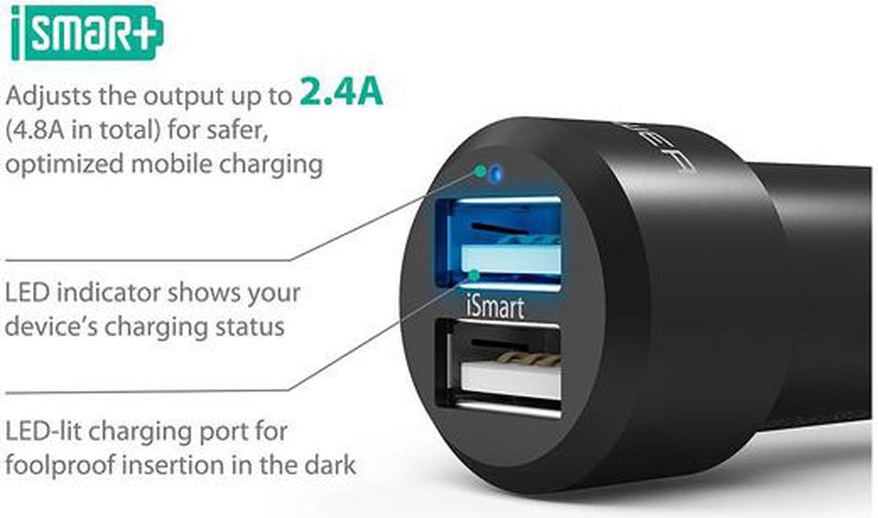 Alt view image 6 of 7 - RAVPower RP-VC006 Black USB Car Charger 24W 5V / 4.8A Metal Dual Car Adapter with iSmart 2.0 Charging Tech