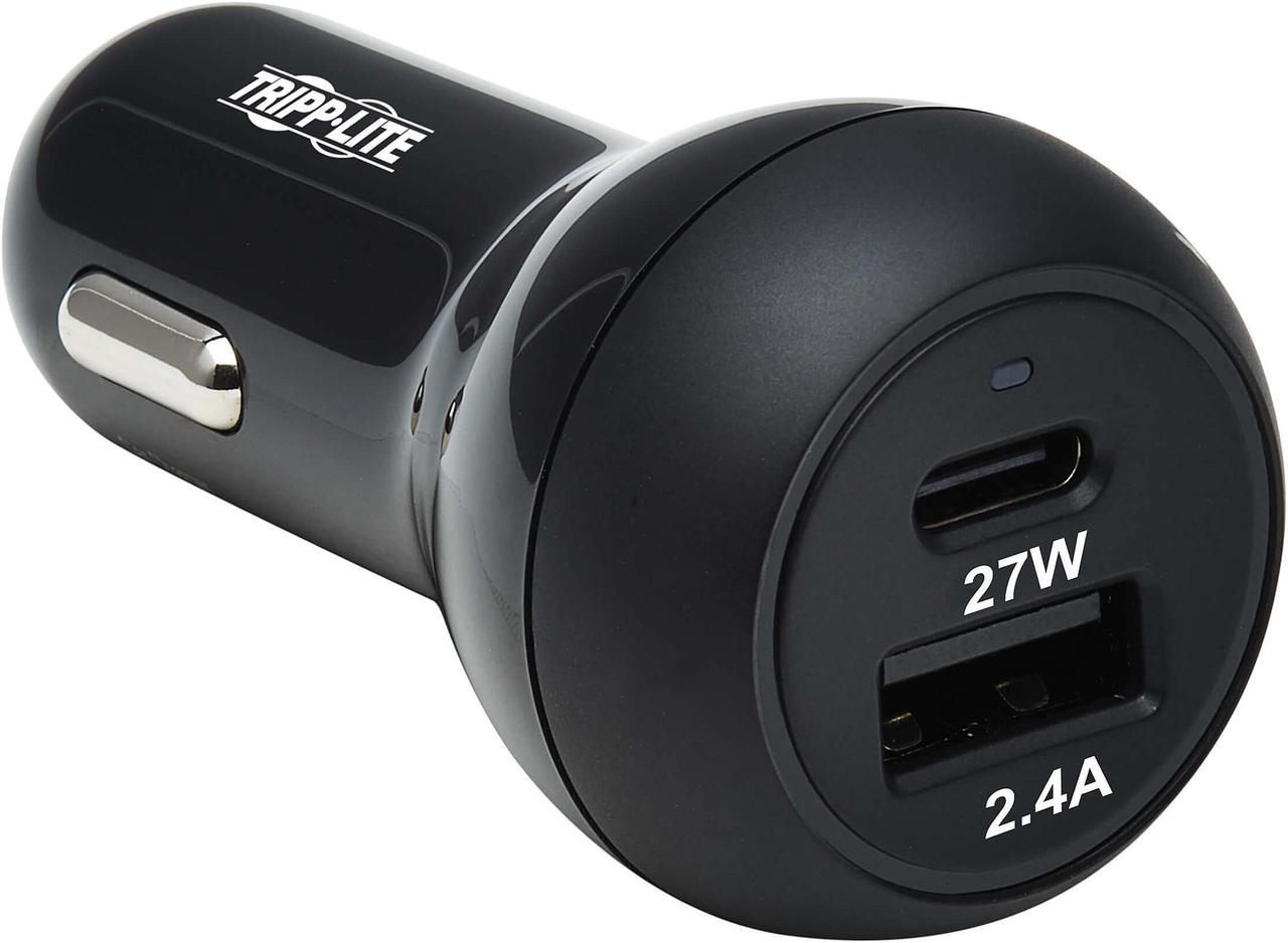 Tripp Lite U280-C02-39W-1B Black Dual-Port USB Car Charger with 39W Charging - USB-C (27W) PD 3.0, USB-A (12W), Black