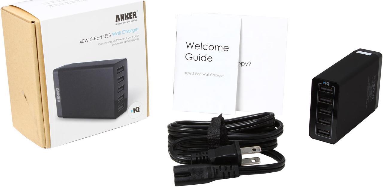 Alt view image 6 of 6 - Anker 40W 5-Port Family-Sized Desktop USB Charger with PowerIQ Technology for smartphones, tablets and other USB-charged devices (Black)