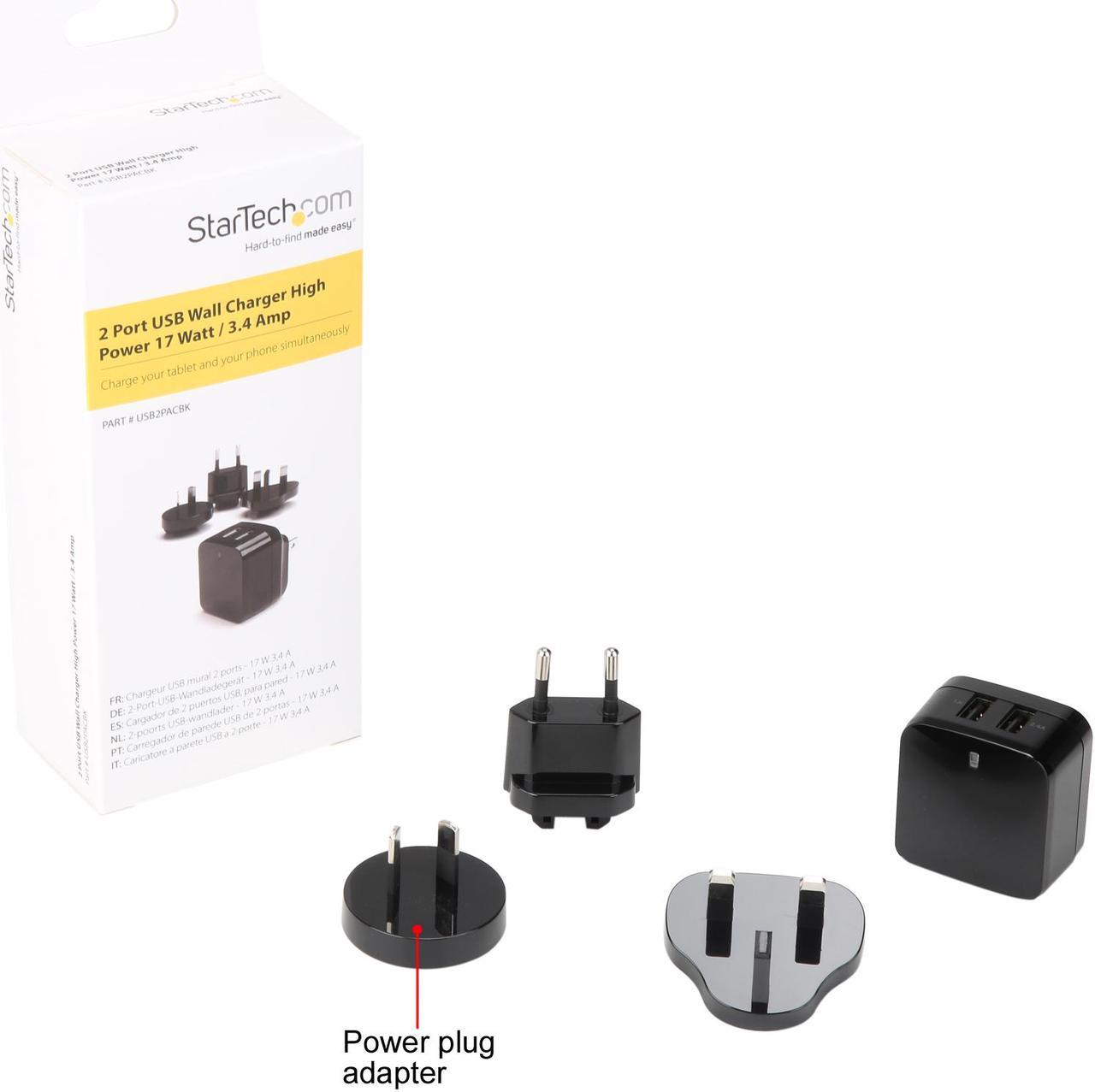 Alt view image 7 of 7 - StarTech USB2PACBK Travel USB Wall Charger - 2 Port - Black - Universal Travel Adapter - International Power Adapter - USB Charger
