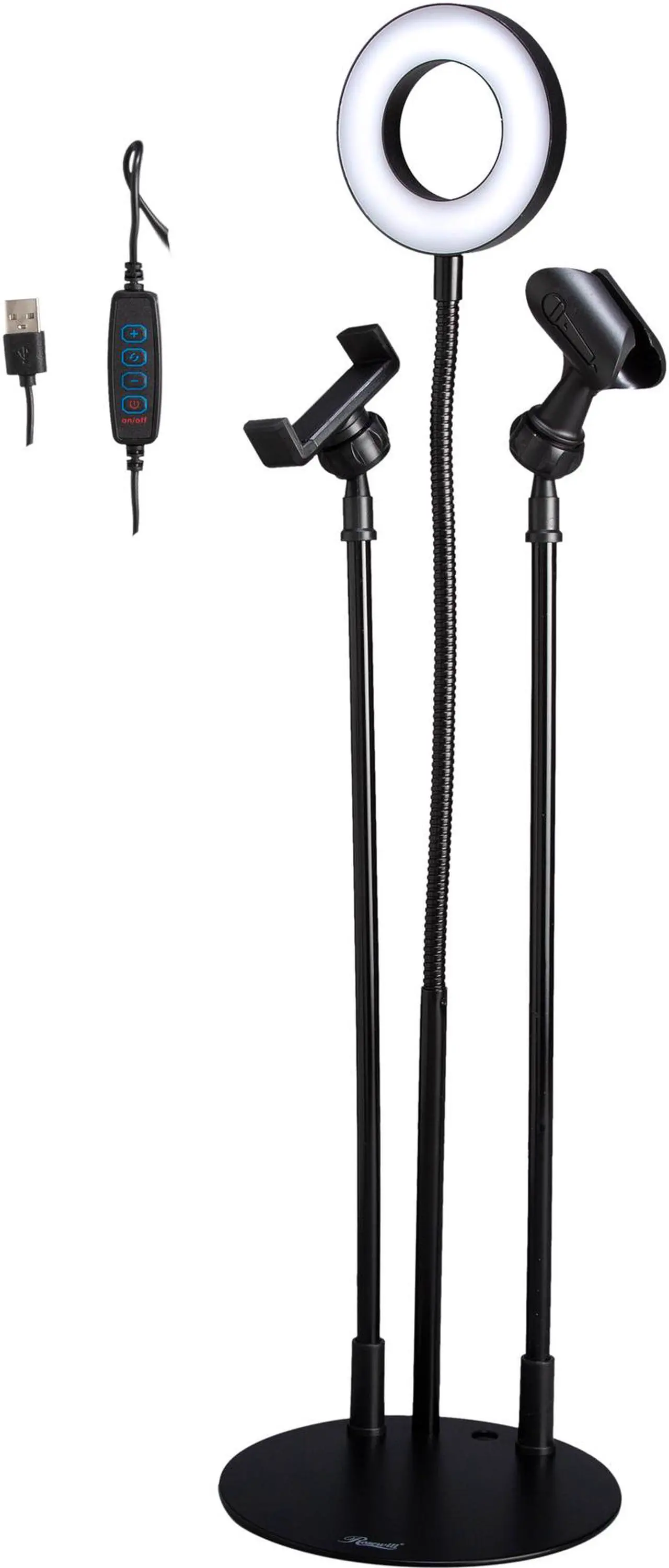 Main image of Rosewill 3-in-1 Portable Streaming Desktop Stand with Ring Light, Microphone Holder, and Phone Holder | 3 Light Modes, 10 Brightness Levels, 360 Degree Rotation, USB Powered (RABH-20017)