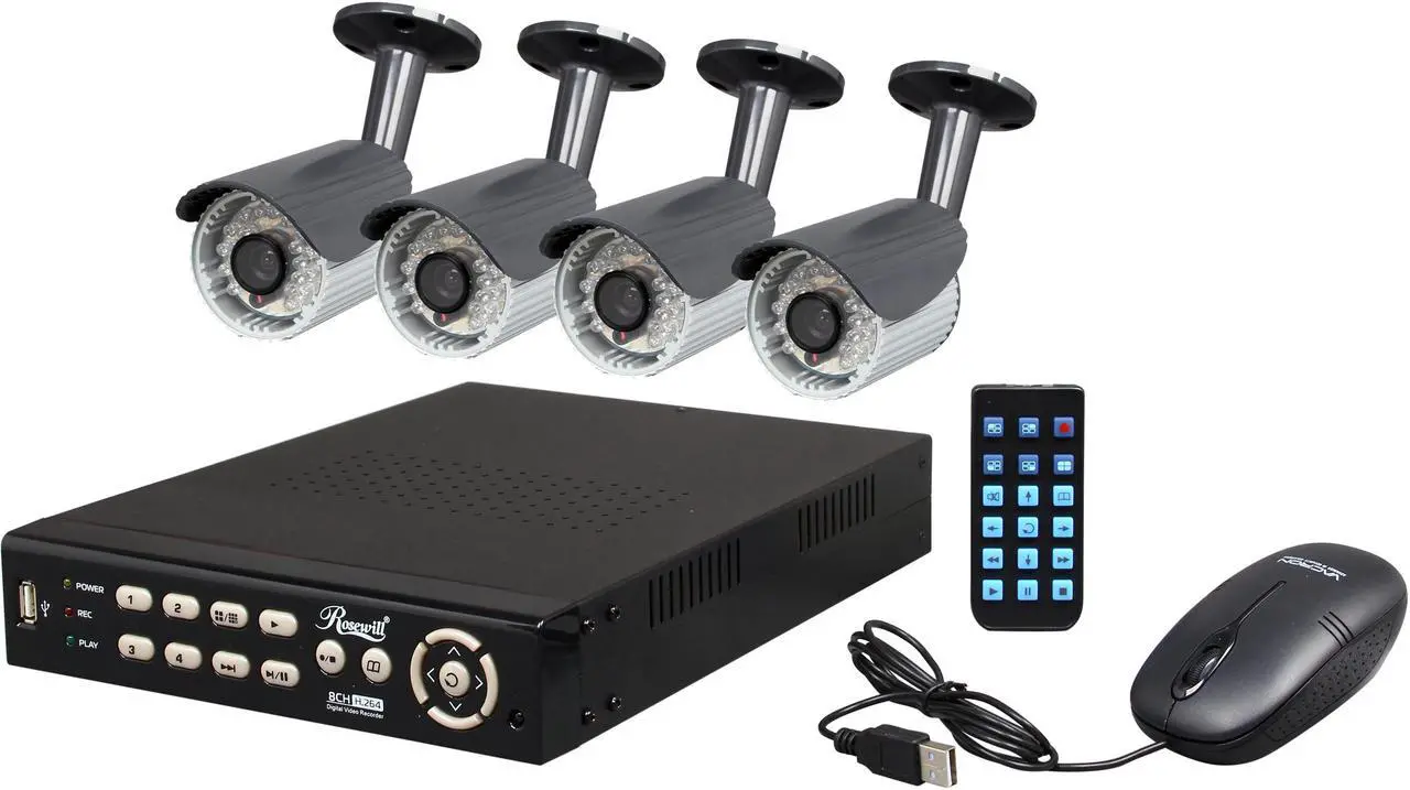 Main image of Rosewill RSVA-12001 8 channel + 4 x 1/4" CMOS, 21 IR LED,  IR Cut filter Bullet Cameras, H.264 High performance DVR, Remote Monitoring/Real time record DVR Kit (HD Sold Separately)